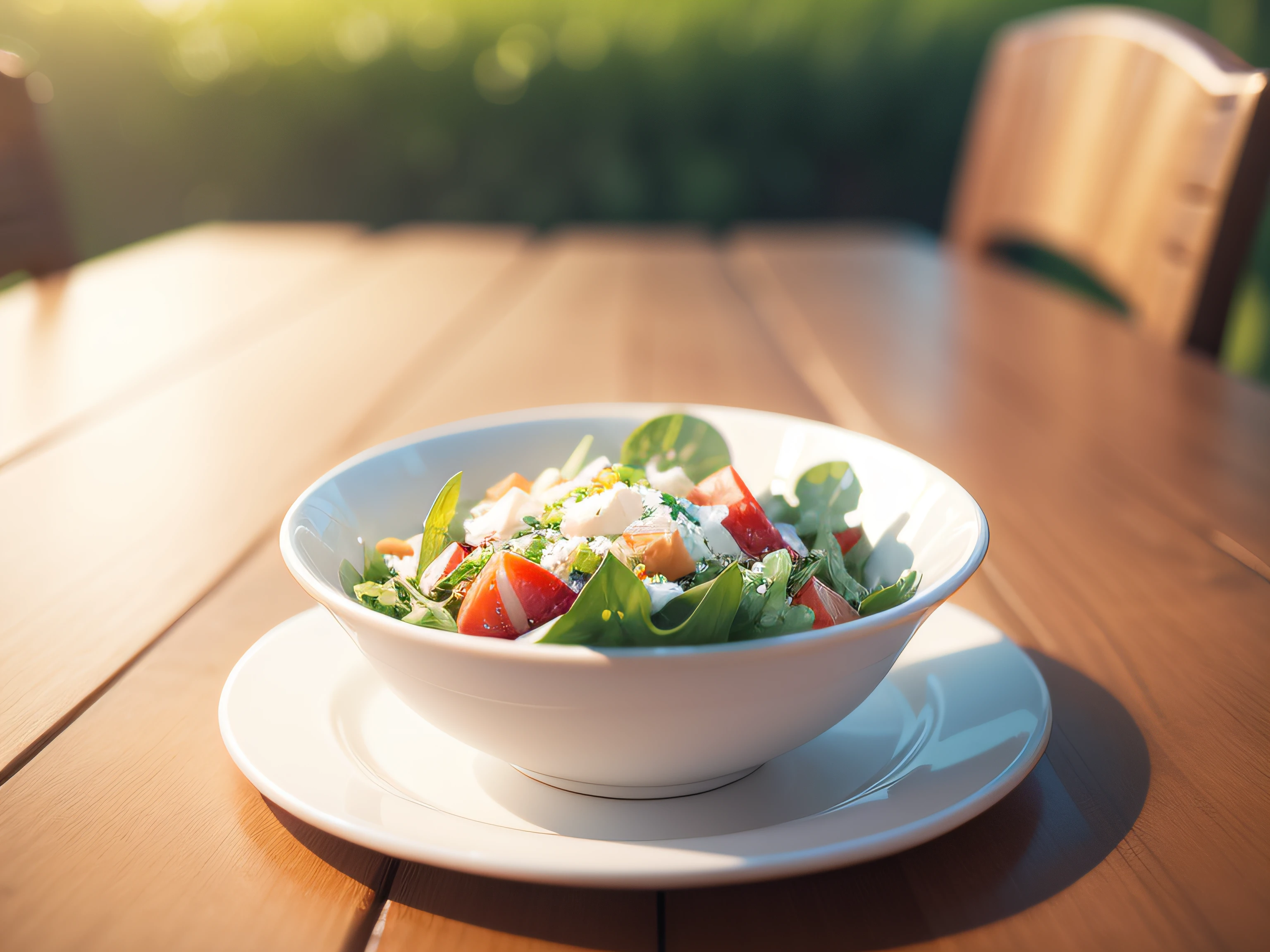 Summer salad、Fashionable tableware、No humans、on table、depth of fields、(blurry backround))、 masterpiece、top-quality、The ultra-detailliert
