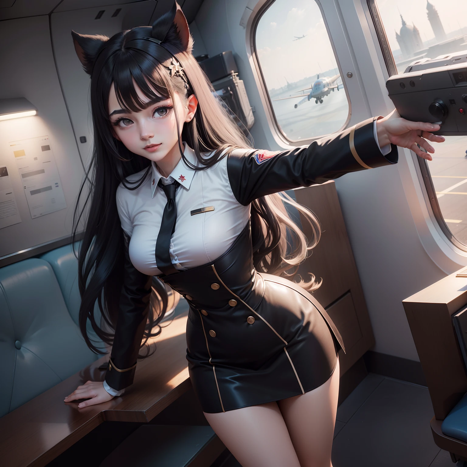 Guli Naza, hentail realism,1girll, 独奏, long whitr hair, mediuml breasts, (Split color hair, Black hair, Dark black hair: 1.3), Blue and black eyes, ssmile, standing on your feet, dynamicposes, 8K, tmasterpiece, best qualtiy, absurderes, Perfect flight, cinmatic lighting, cowboy lens, (flightattendantuniform:1.1), (aerodrome、Planes:1.1)