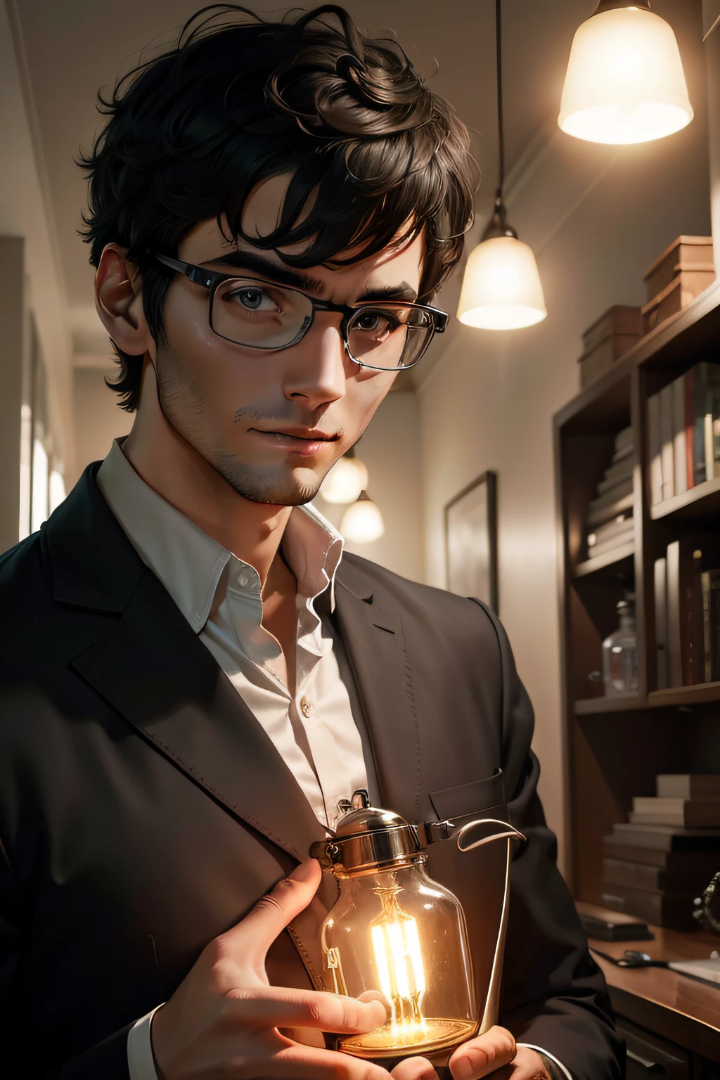 scientist man short hair black without beard analyzing various lamps and flashlights