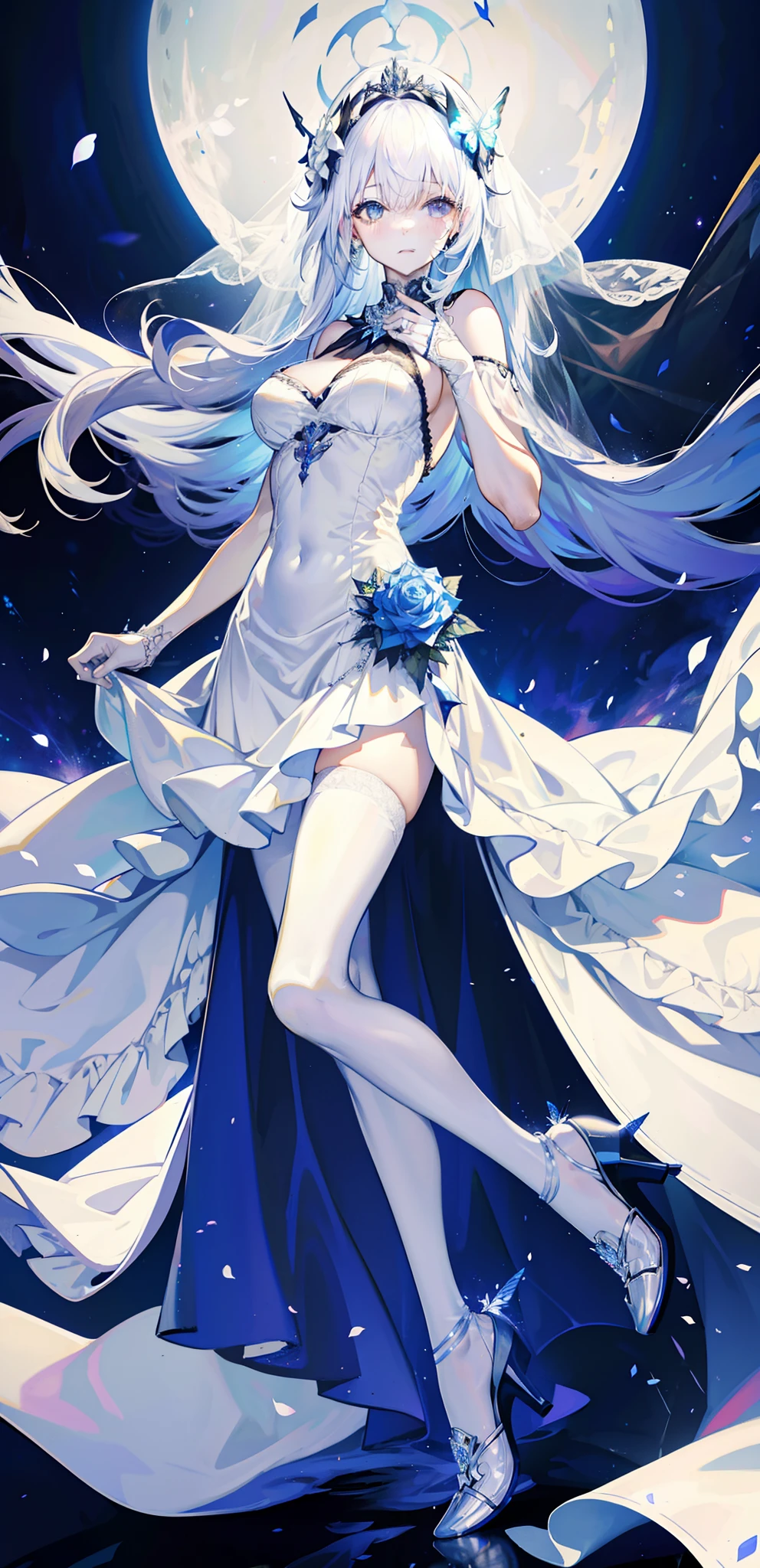 silber hair,butterflys,long whitr hair,white wedding gown,8k wallpaper,detailedbackground,Highest high resolution,deep v big breasts,Hair covers one eye,Bandeau wedding dress,chies,White rose,tight-fitting,