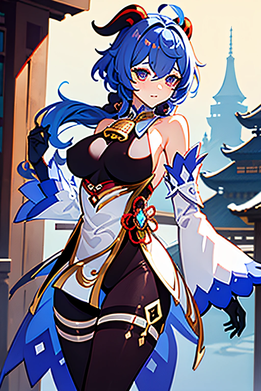(underboobs:1.2), (Buttock slit:1.2) Hair is more than one eye,(large breasts:1.4)ganyu\(genshin impact\), 1girl, ahoge, buliding, By bangs, cropped shoulders, bell, Black gloves, Black tights, ((blue hair)), Blushlush, breasts, Chinese knot, the sleeve, east asian architecture, flower knot, mitts, cow horn, long whitr hair, looking at viewert, middlebreast, Neckbells, the night, exteriors, lacepantyhose, purpleeyes, temple, solo, nipple tassels, White sleeves, ((masterpiece))
