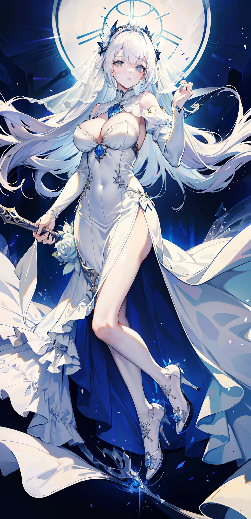 silber hair,butterflys,long whitr hair,white wedding gown,8k wallpaper,detailedbackground,Highest high resolution,deep v big breasts,Hair covers one eye,Bandeau wedding dress,chies,White rose,tight-fitting,