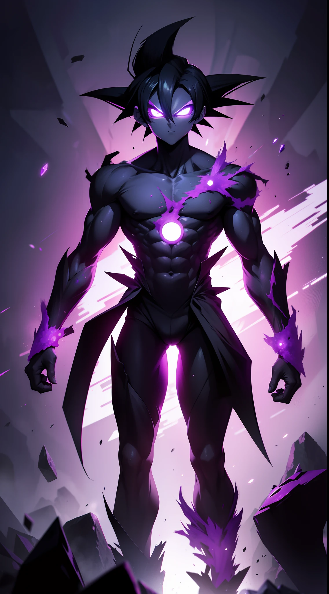 Enderman fusion Goku, with more enderman features, with purple particles on the scene.