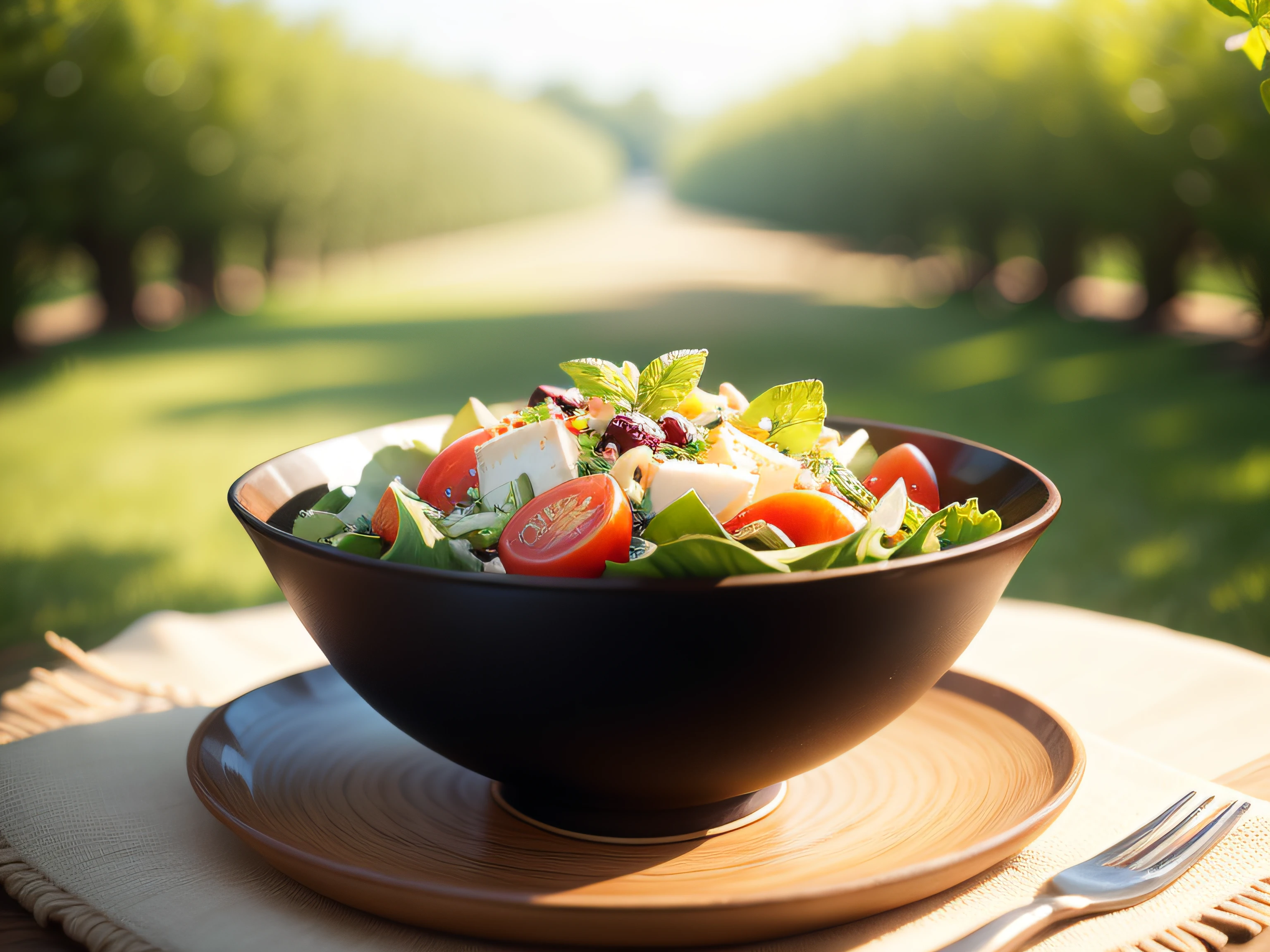 Summer salad、Fashionable tableware、No humans、on table、depth of fields、(blurry backround))、 masterpiece、top-quality、The ultra-detailliert