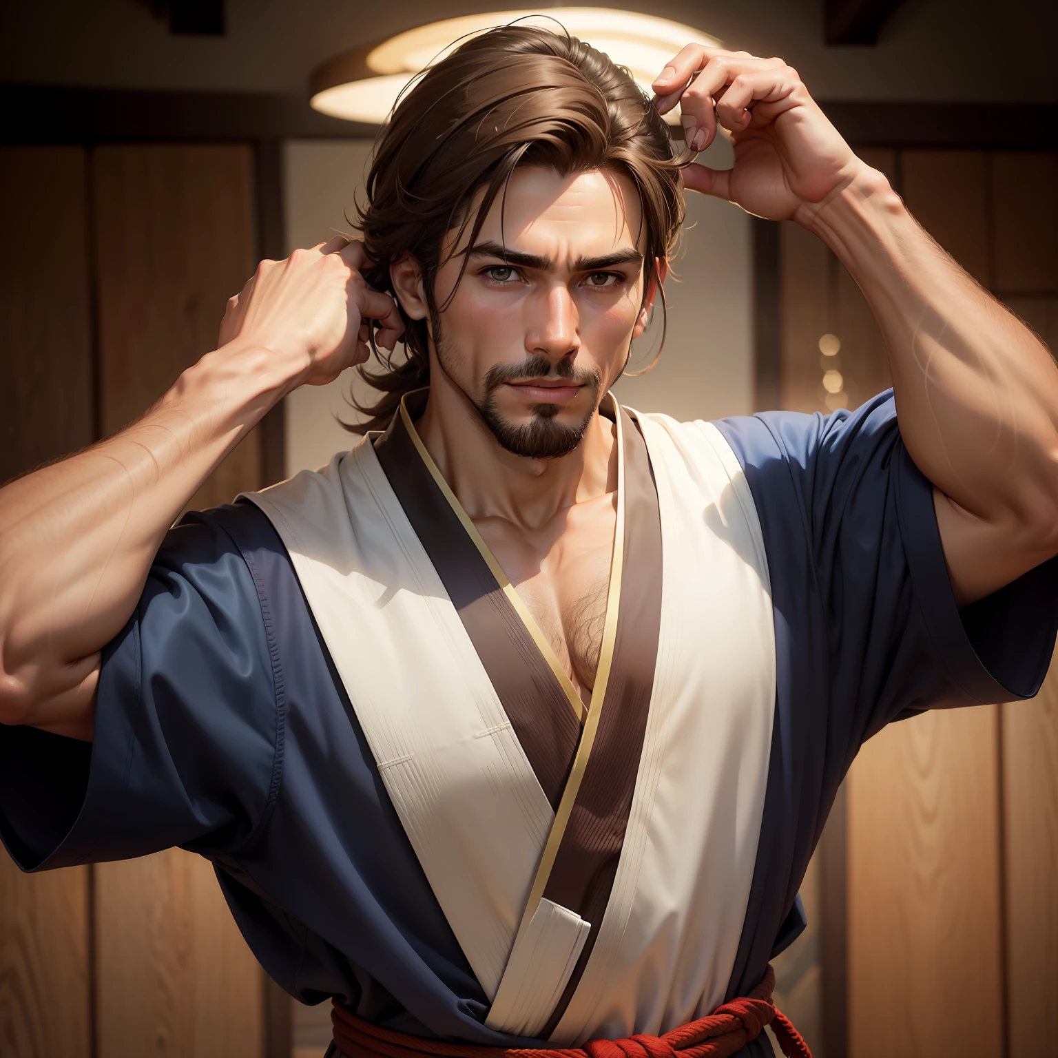 homem ocidental. straight brown hair up to the shoulders. Barba curta e serrada. Taekwondista. Kimono tradicional usado.