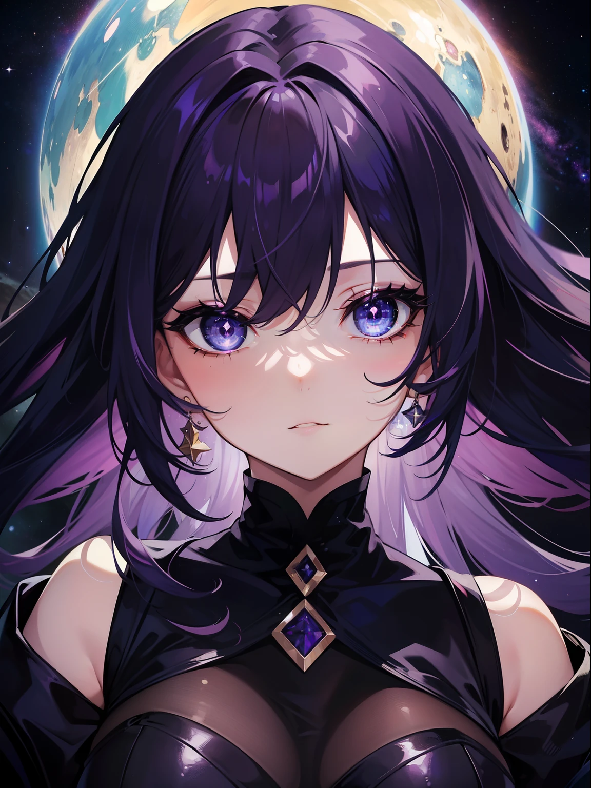 anime girl, beautiful detailed eyes, beautiful detailed lips, extremely detailed face and eyes, long flowing purple hair with black inner color, hair partially covering left eye, heterochromia glowing eyes, sharp star-like eye pupils, angry eye expression, cosmic spactacle, small smile, dark purple lips, black moon choker, moon hair clip, black modern off-shoulder shirt, blue jacket with fur trim, open jacket, black skirt, black thigh-high stockings, black high boots, silver belt, chain attached to skirt, hand in pocket, full body, looking directly at camera, (best quality,4k,8k,highres,masterpiece:1.2),ultra-detailed,intricate details,cinematic lighting,dramatic lighting,dark moody atmosphere,vibrant colors,fantasy,conceptart,illustration