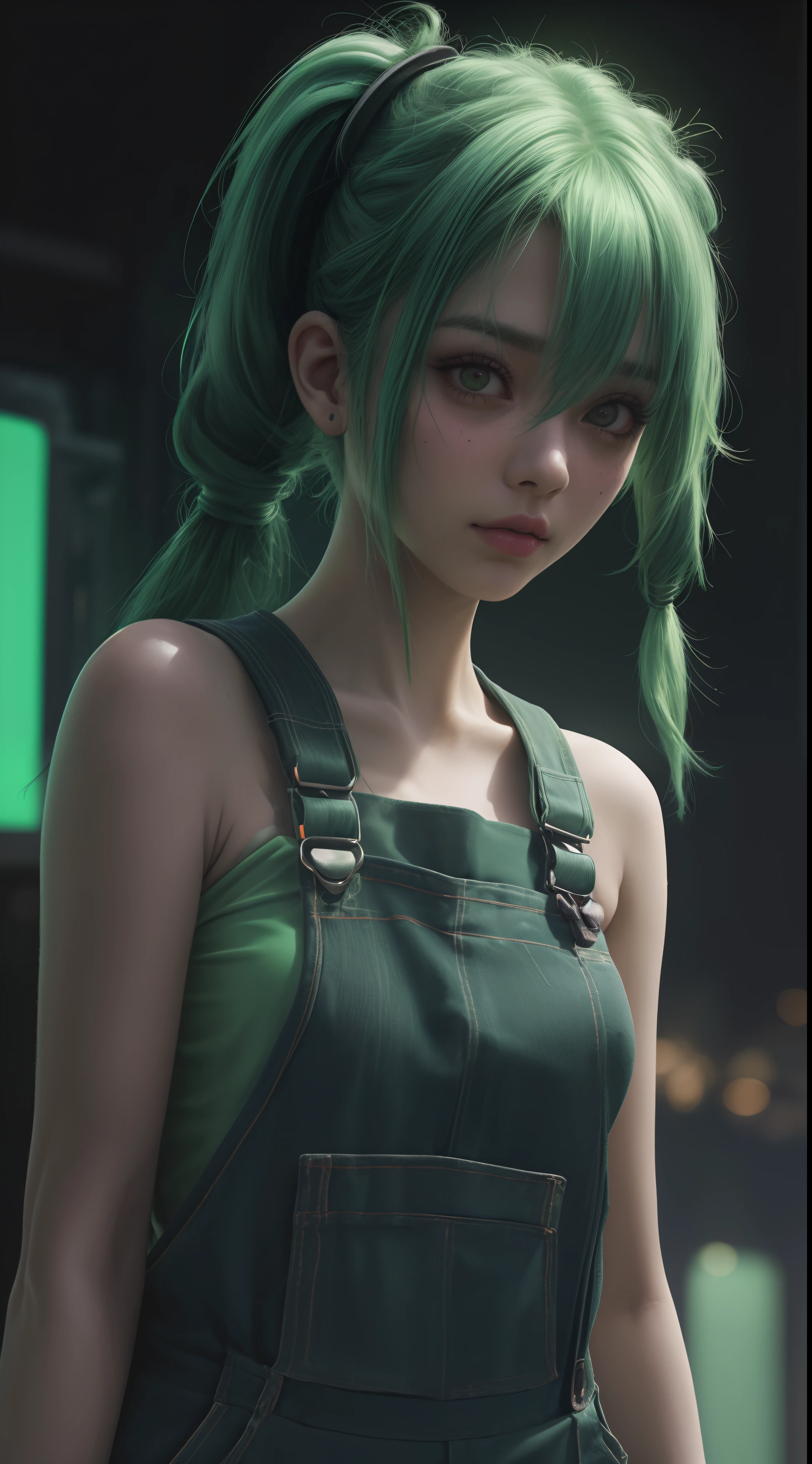1 green-haired girl with overalls, pendurada em  um poste de luz , Looking at camera,Camera angle up close,Cabelo pigtails, seios grandes,,em uma cidade neon, (estilo cyberpunk) 8K Ultra realista