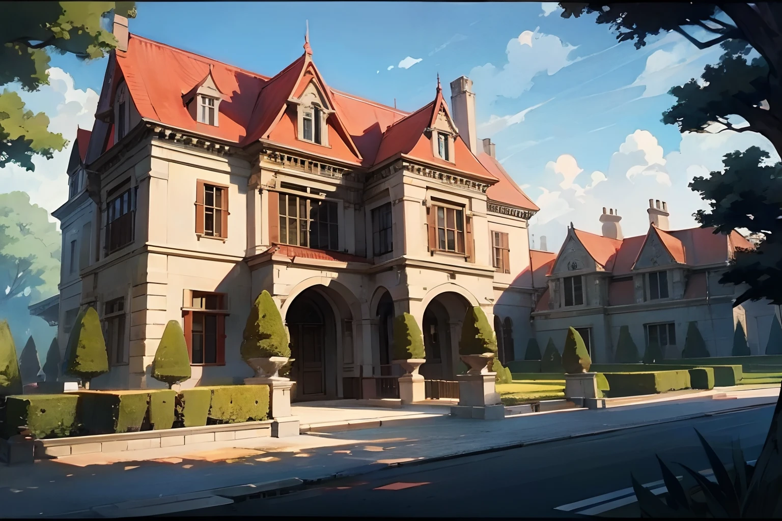 a mansion, red, anime style