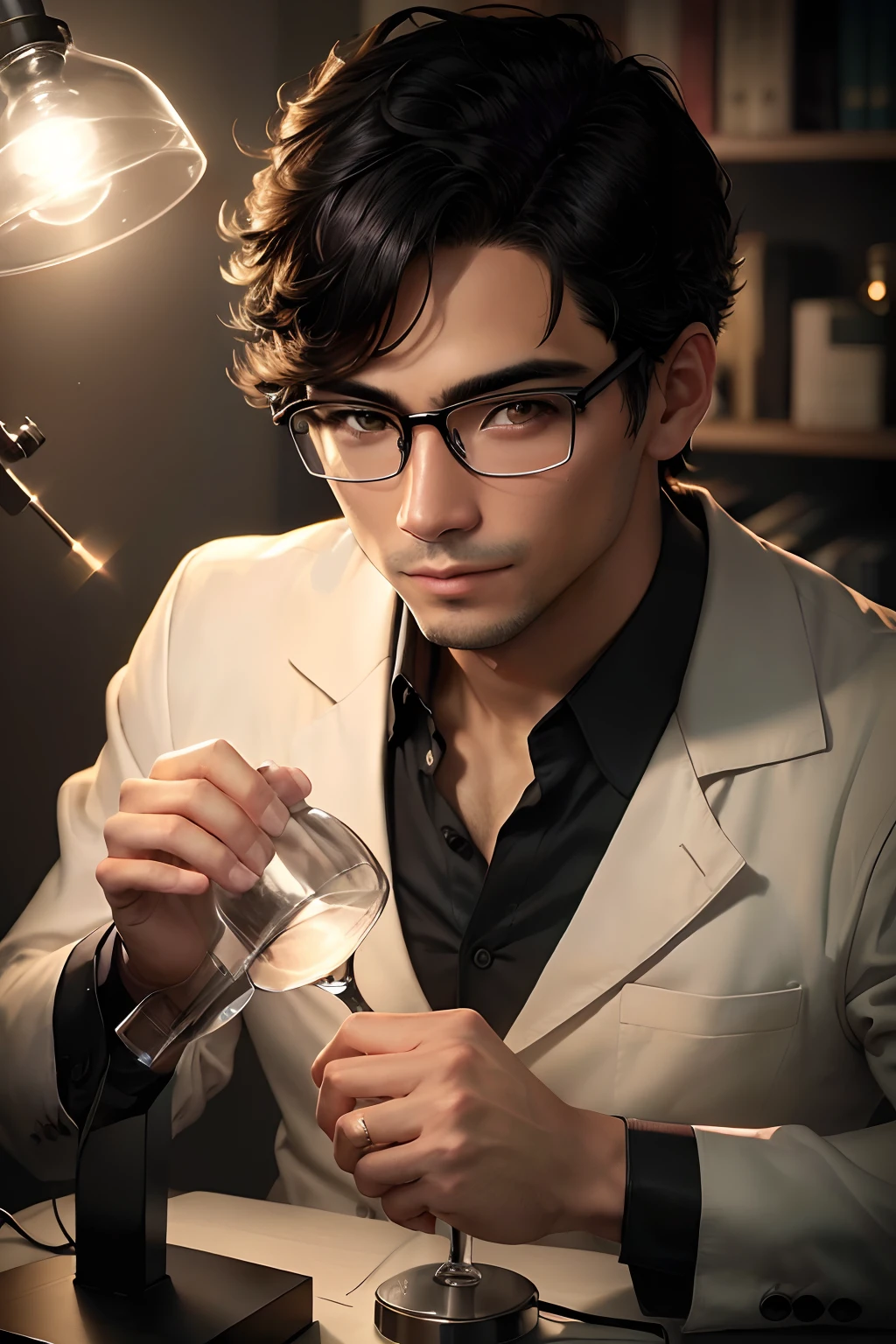 Man in suit and glasses is pouring something into a glass, cientista de fantasia masculino magro, wearing lab coat and glasses, gama murata e artgerm, retrato de alta qualidade, homem bonito, alquimista jovem magro, nerdy appearance, cientista de elite, foto de retrato detalhada, foto de retrato, With eye Glasses, in suit with black glasses