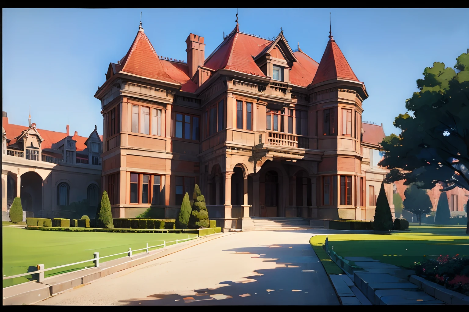 a mansion, red, anime style