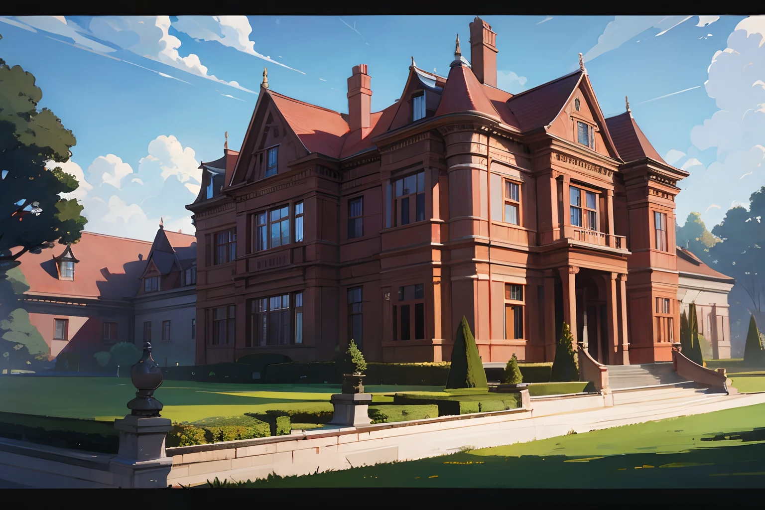 a mansion, red, anime style