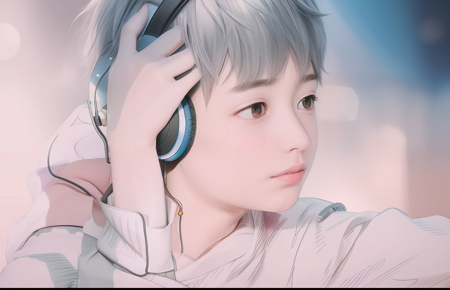 HD 4K,Bokeh background library,younge boy,with headphones on,The watercolor style is repainted。