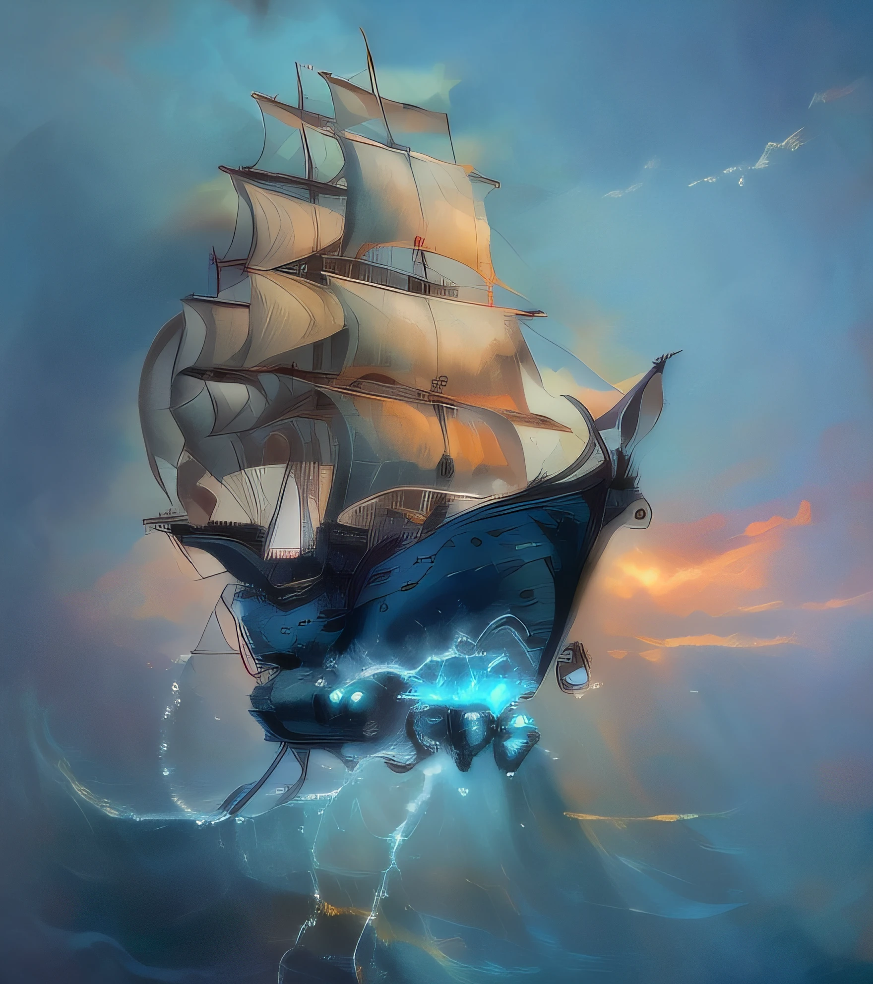 Super boat with cannons and many sails flying between the iridescent clouds and below the emerald blue sea very frizzy with huge threatening waves that try to catch the ship