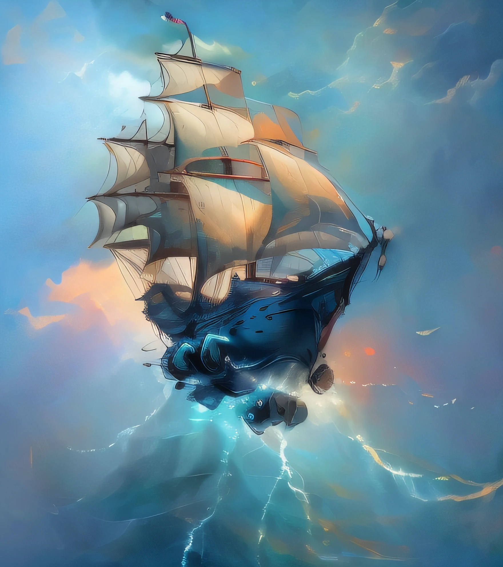 Super boat with cannons and many sails flying between the iridescent clouds and below the emerald blue sea very frizzy with huge threatening waves that try to catch the ship