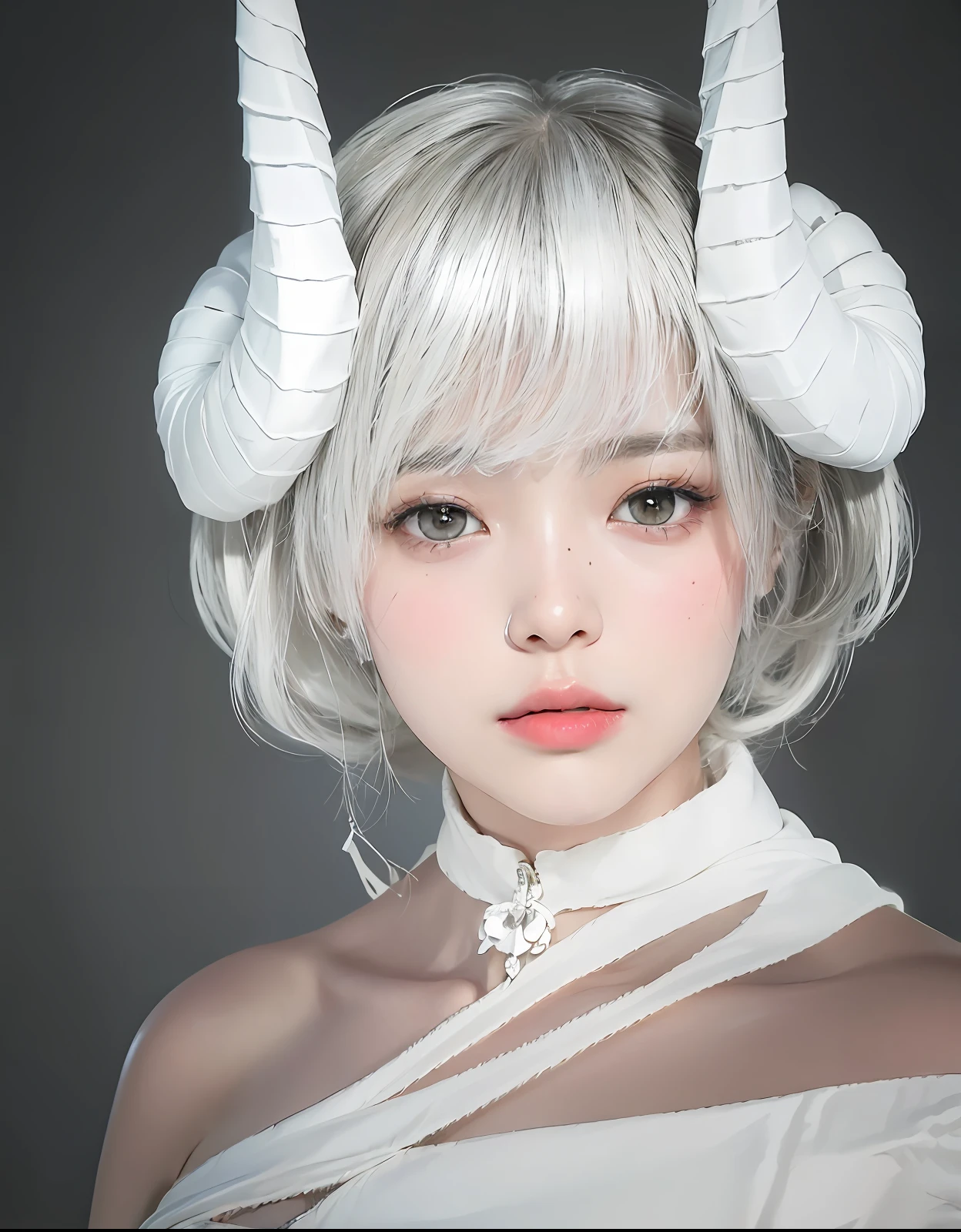 NSFW, (Silver horn, Silver hair, Futuristic shiny silver bodysuit)、8K、top-quality、masterpiece、超A high resolution、(Photorealsitic:1.4)、Raw foto、(Authentic skin texture:1.3)、(film grains:1.3)、(Selfie angle)、1girl in、beautiful detailed eyes and face、masterpiece、top-quality、a closeup、Upper body、Makeup in the 1950s、heavy eye makeup、deadpan、Light pink lipstick, F/2.8, 135 mm, NIKON, tits out, F/2.8, 135 mm, NIKON, nffsw, retinas, ccurate, Anatomically correct, Textured skin, Super Detail, high details, High quality, Best Quality, hight resolution, 1080p, hard disk, 4K,