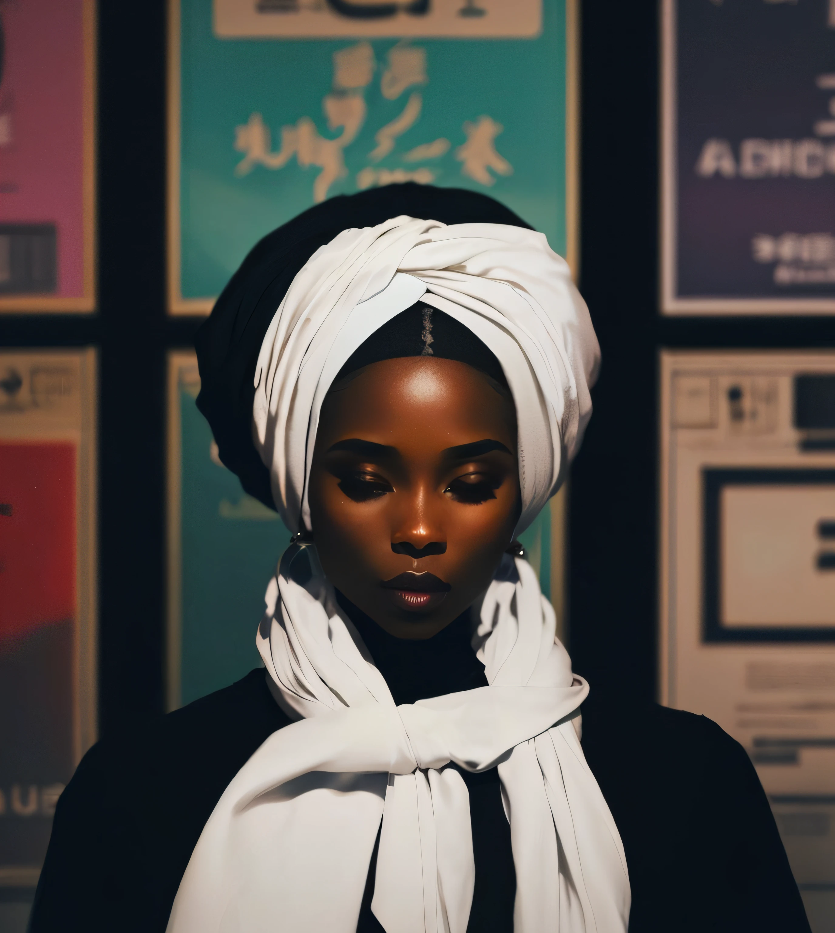 There's a black woman wearing a white turban.