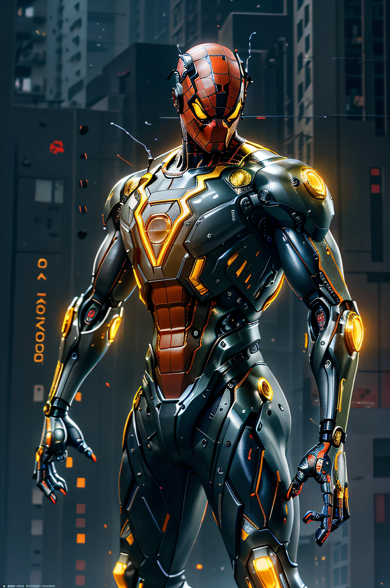 (cyborg: 1.2) spider-man robot with tron integrated circuit, emitting yellow flashes of details, (((kinetic))), full body masterpiece, high definition, 8k, very high quality, high detail face, sharp , dof, depth_of_field, midjourney style, cinematic, contrasting, detailed, 8k , sharp focus, cyberpunk,