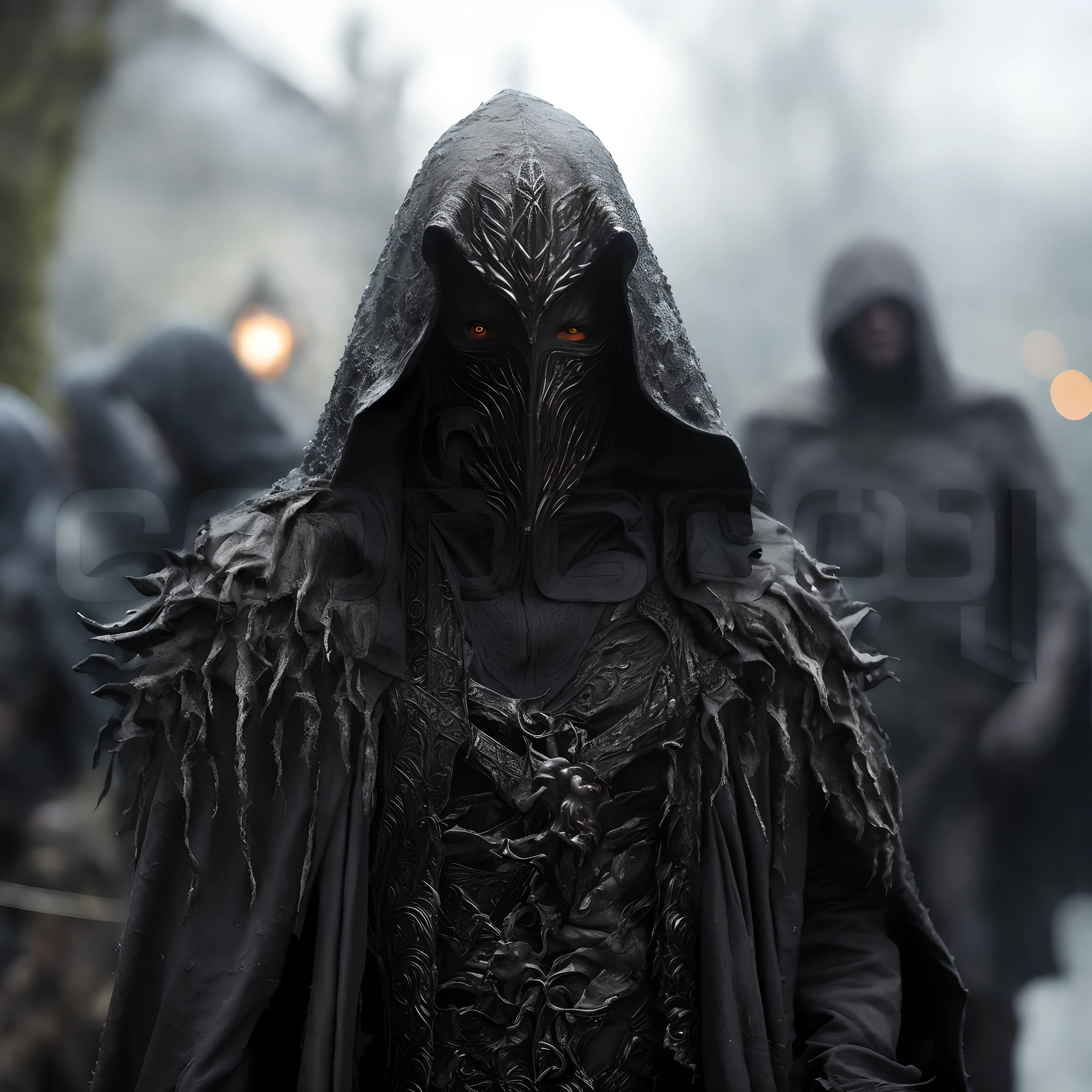 A hooded man leading a group of people, captured in a dramatic scene from a fantasy film.