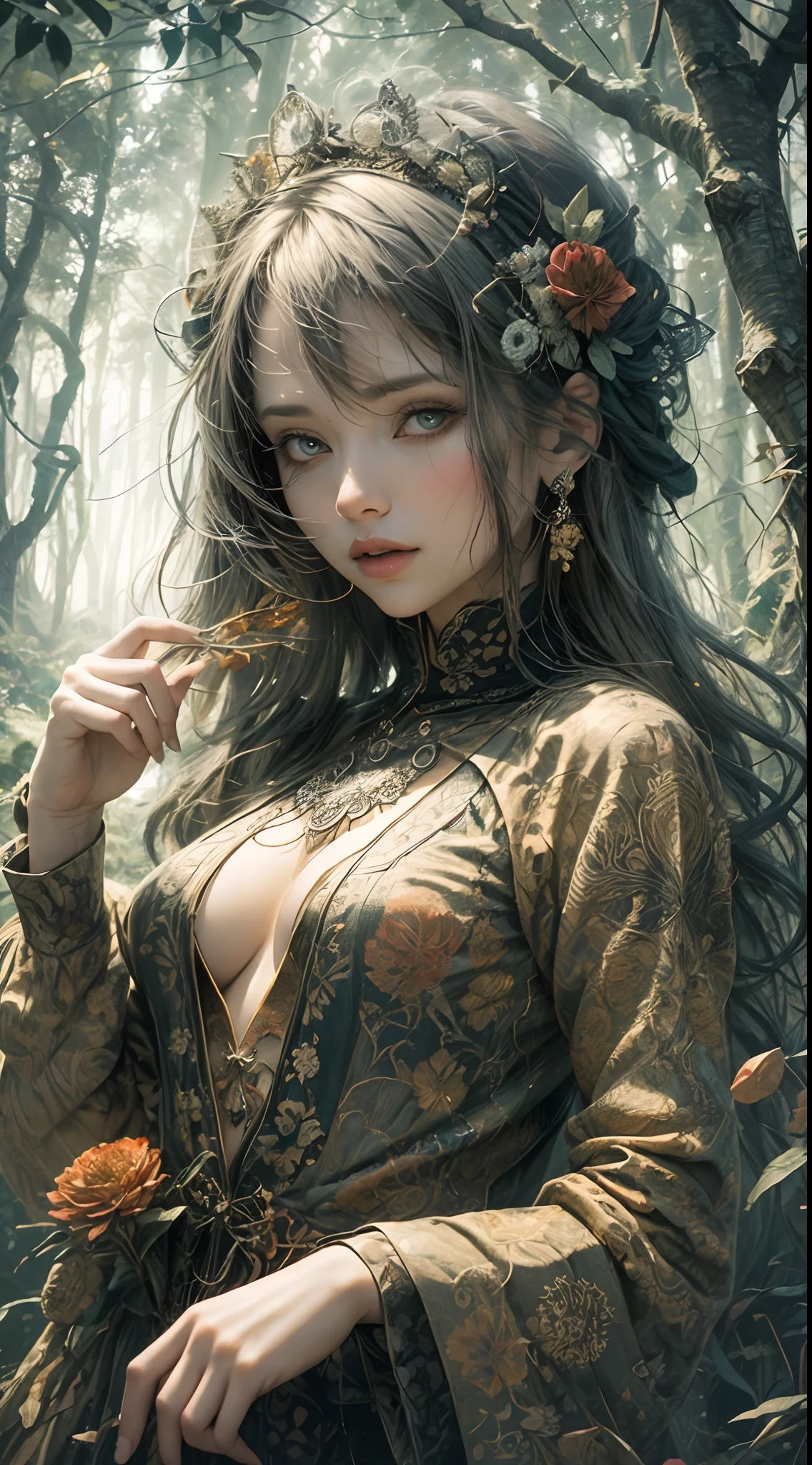 1sexy girl with forest clothes, flowers, leaves, mandalas, fractal