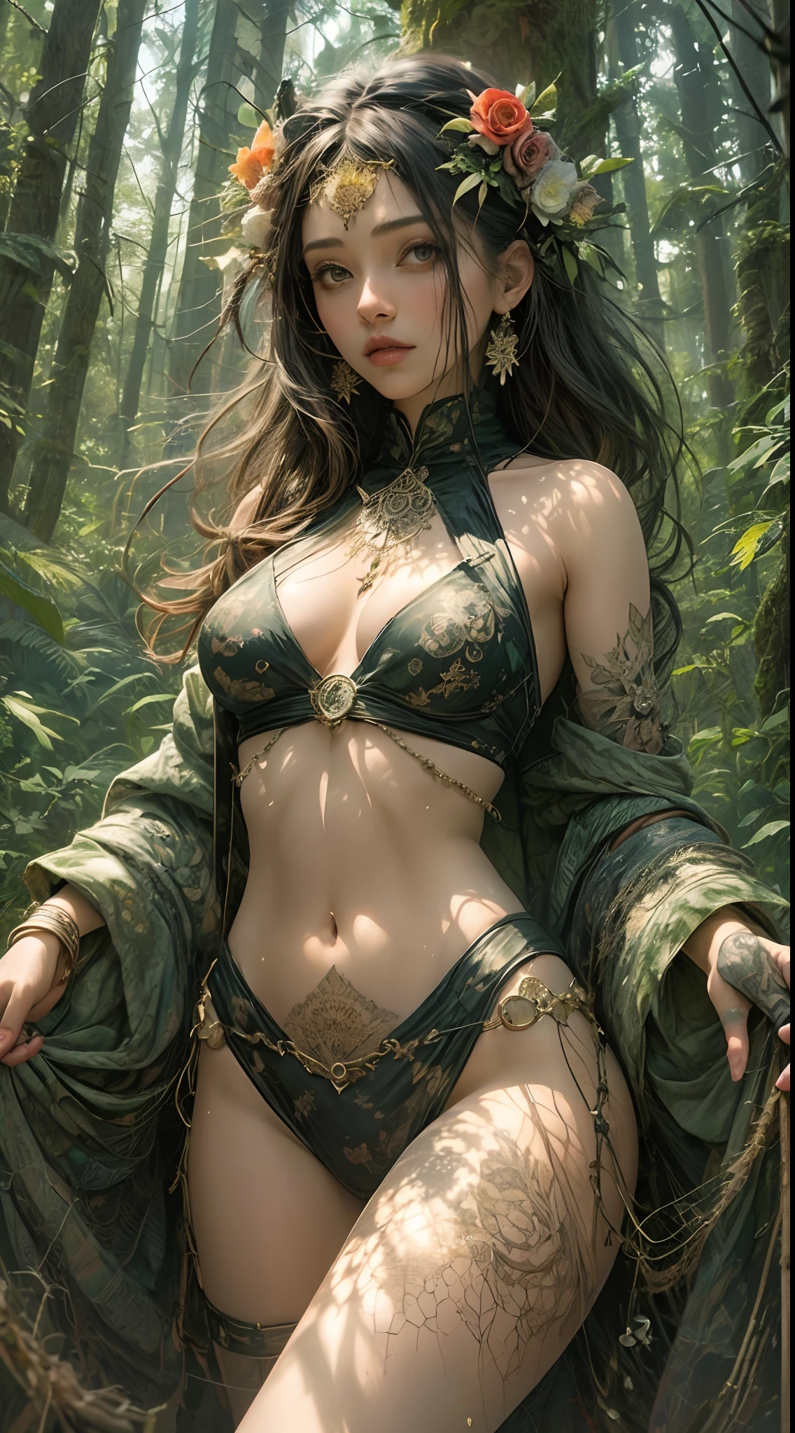 1sexy girl with forest clothes, flowers, leaves, mandalas, fractal