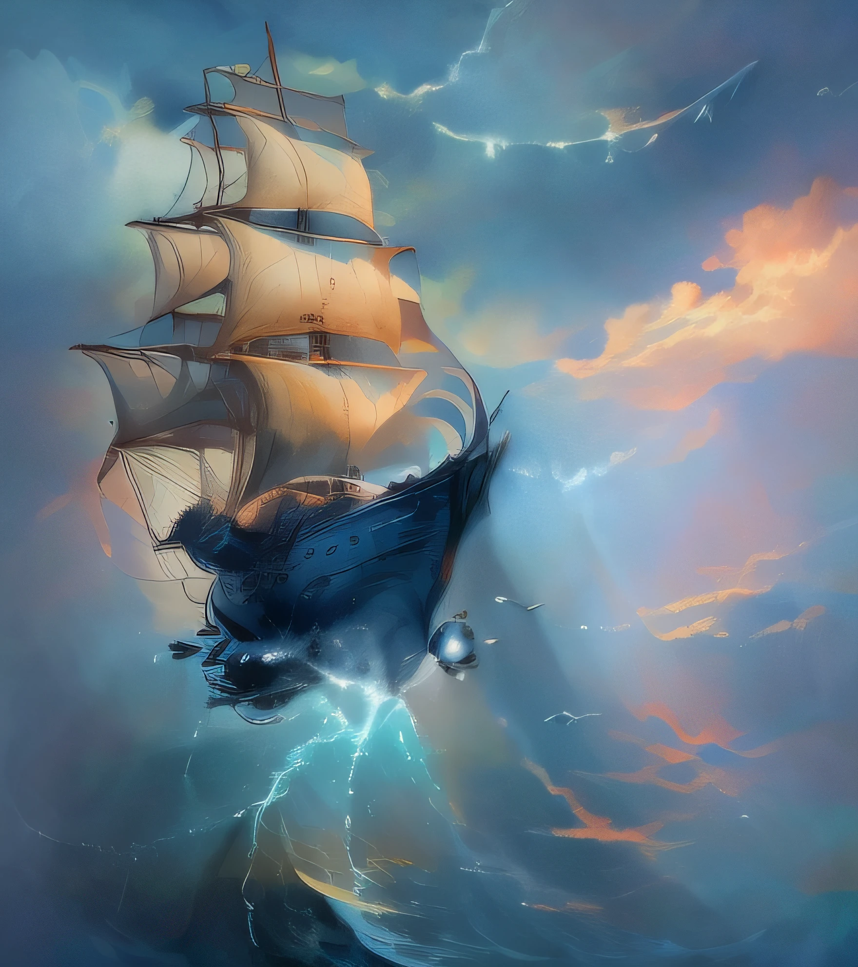 Super boat with cannons and many sails flying between the iridescent clouds and below the emerald blue sea very frizzy with huge threatening waves that try to catch the ship