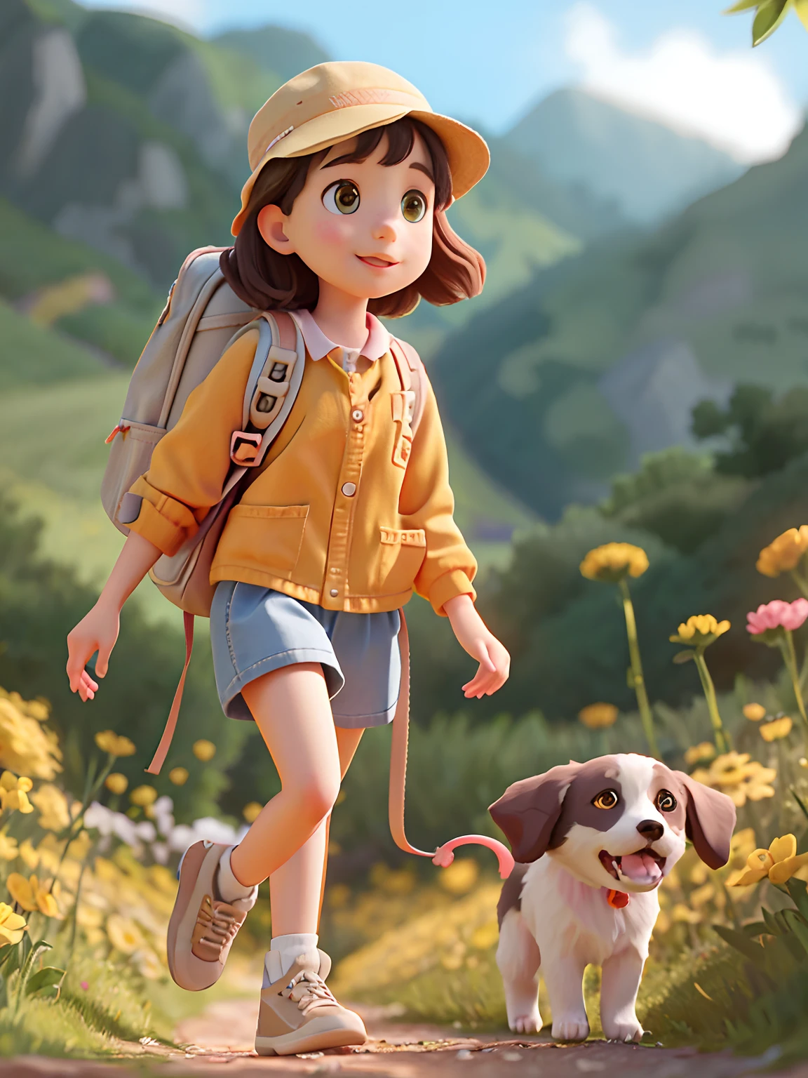 A very charming girl with a backpack and her cute border collie puppy enjoying a lovely spring outing surrounded by beautiful yellow flowers and nature. The illustration is a high-definition illustration in 4K resolution with highly detailed facial features and cartoon-style visuals.
