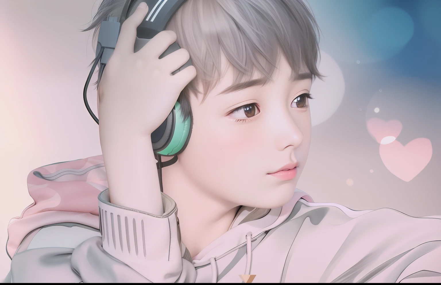 HD 4K，Bokeh background library，younge boy，with headphones on，The watercolor style is repainted。