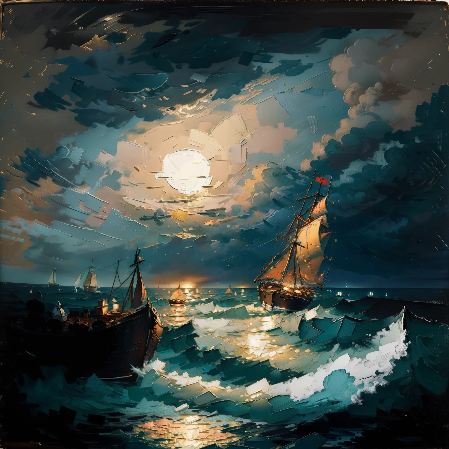 A small yacht is sailing on a stormy sea at night. The scene is illuminated by the moonlight. The light reflects off the roiling sea. Oil painting. Jmw Turner.