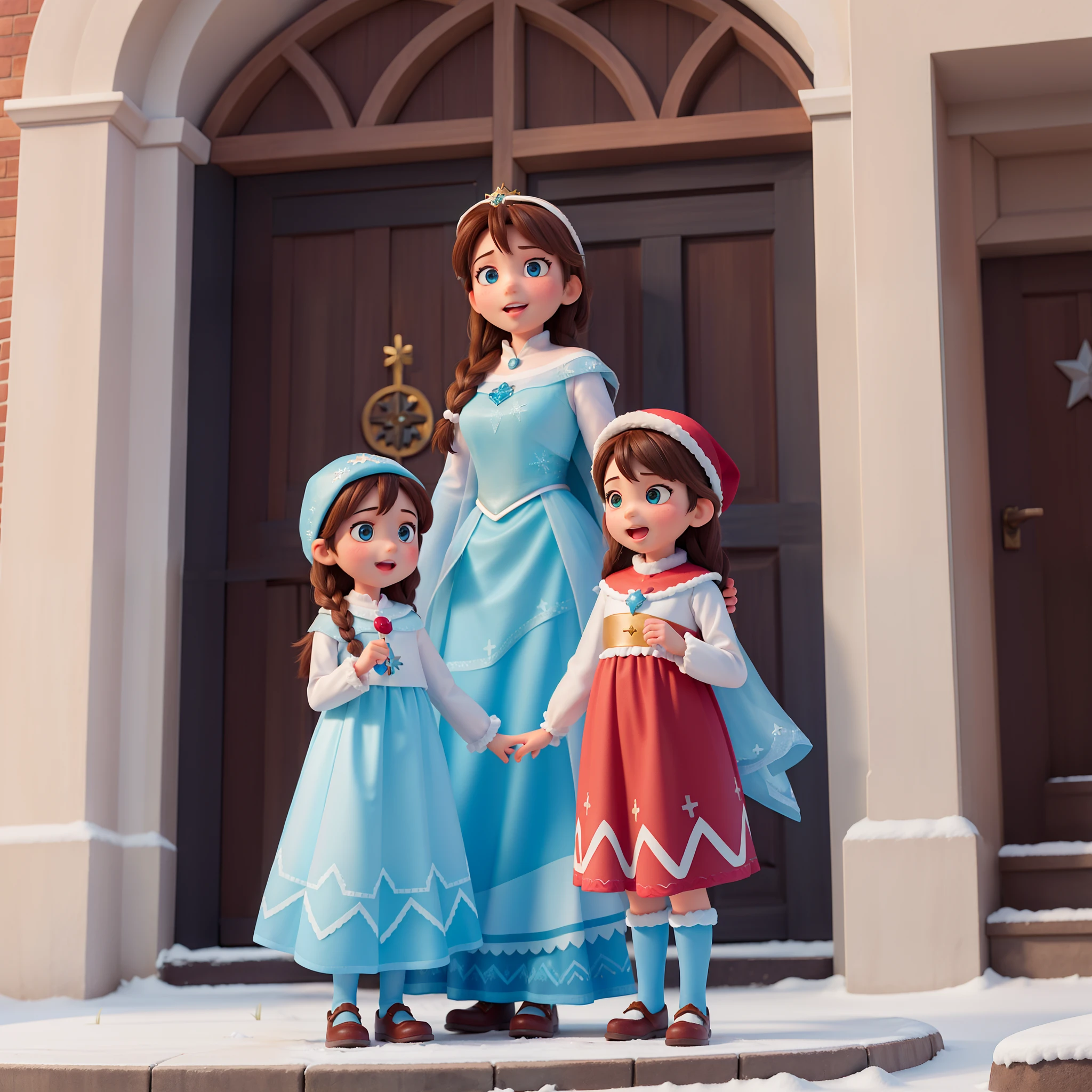 Make a 5--old her and daughter dressed as Frozen in front of a church, qualidade 8k, Disney