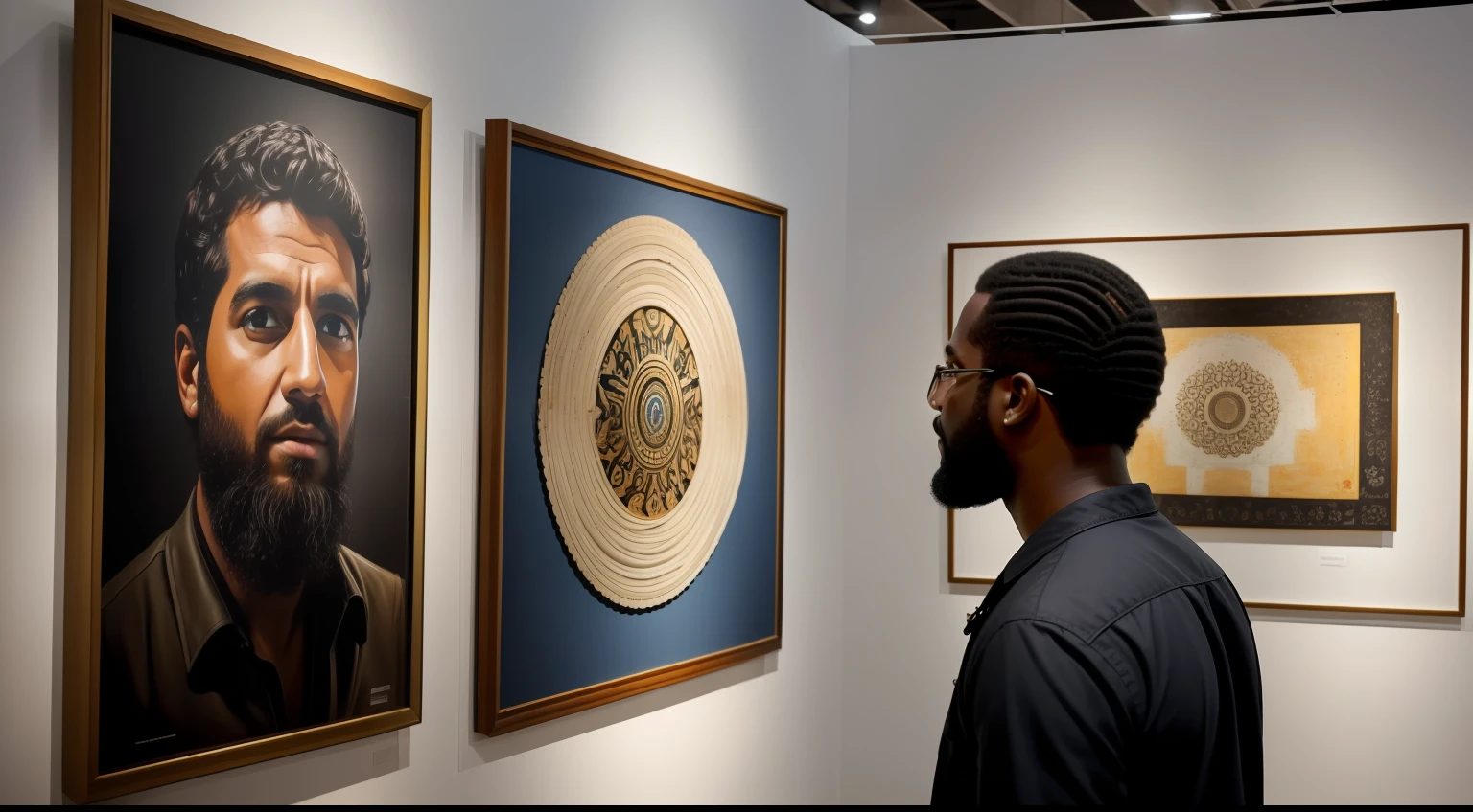 pessoas de diferentes idades e origens, observing Luke's works in the exhibition with expressions of admiration and emotion,