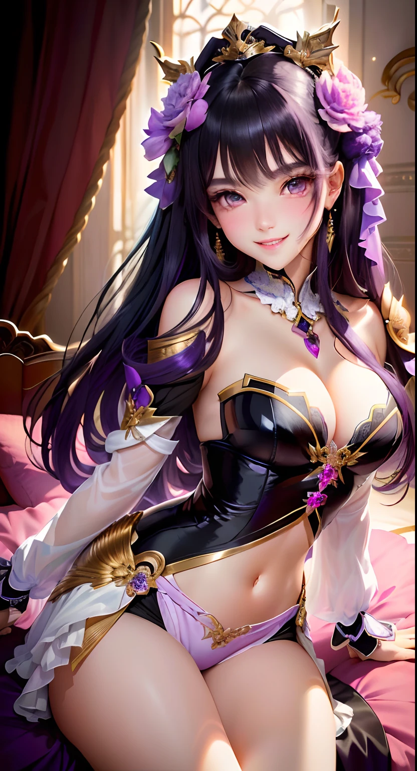 （tmasterpiece，best qualtiy），Depicting a beautiful girl in detail，She has outstanding facial features，Like skin texture、Long eyelashes and a light smile。She has charming purple eyes and pink eyes，Gives a mischievous impression of a toothy smile。She had a faint blush on her face，Make her beauty and face more detailed。