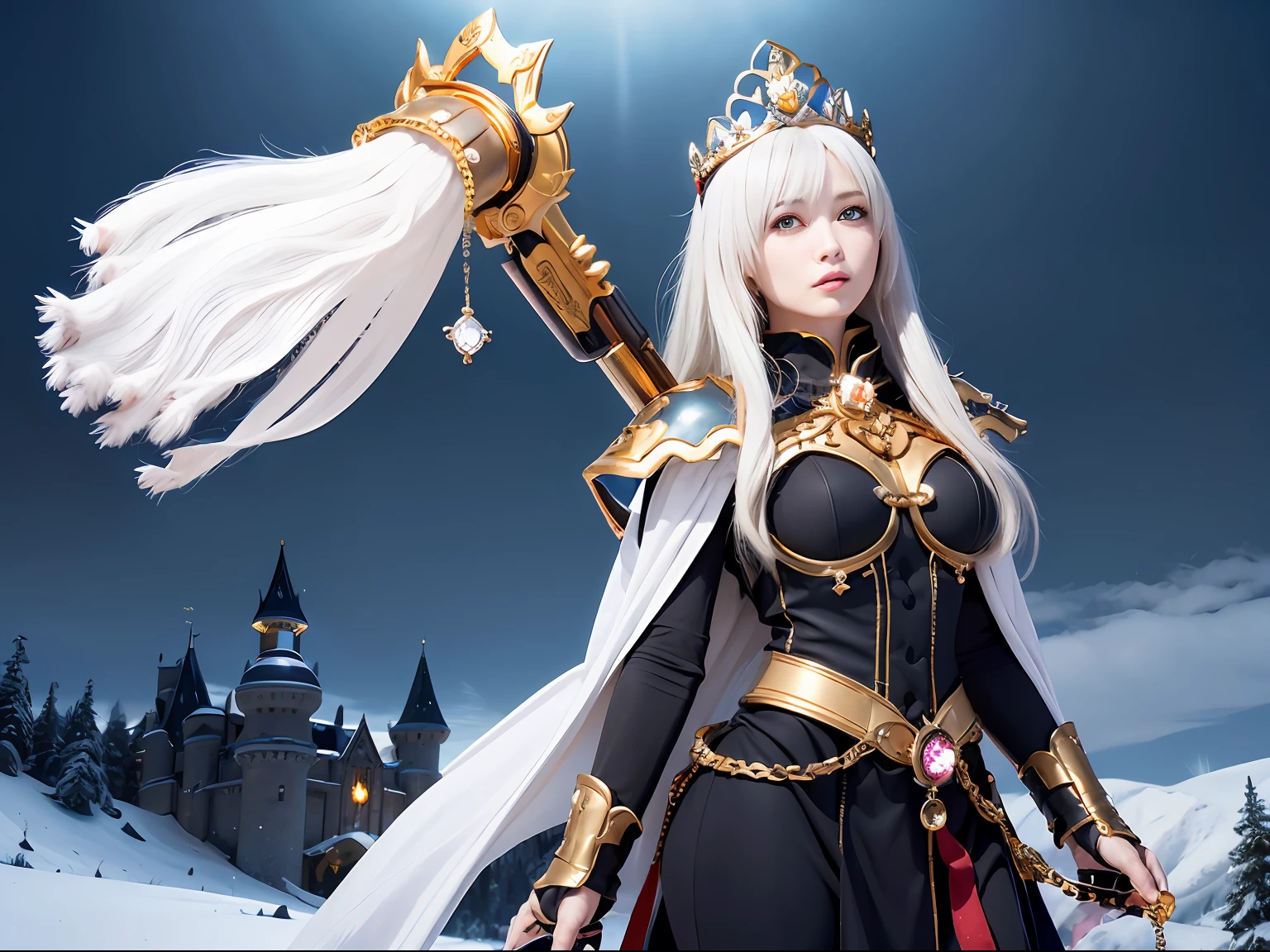 (masutepiece), Professional , masterpiece、top-quality、photos realistic , depth of fields (Gemstone Silver Metal Body:1.9),(Matte White、Jewel Gold Weapon、(Gorgeous castle background)、(ultimate beauty girl)、(Jewel Metal Body:1.4),Gorgeous Jewel Metal Weapons , Detailed Sword of the Brave ,( Soldier background in metal armor) ,warhammer 40k , adepta sororitas,Detail and ornate jewel crown、独奏、Black hair、(Gangle's forest background)、Beautiful Caucasian beauty、1a person、dynamic ungle,(((Diamond tiara with detail and luxury)))、a small face、A smile、Powerful poses、(Gorgeous castle background)、huge filesize、20 year old beautiful woman、Stand in the center of the screen、Thin female fingers、Straight long hair、Beautiful Caucasian beauty、Whole body、