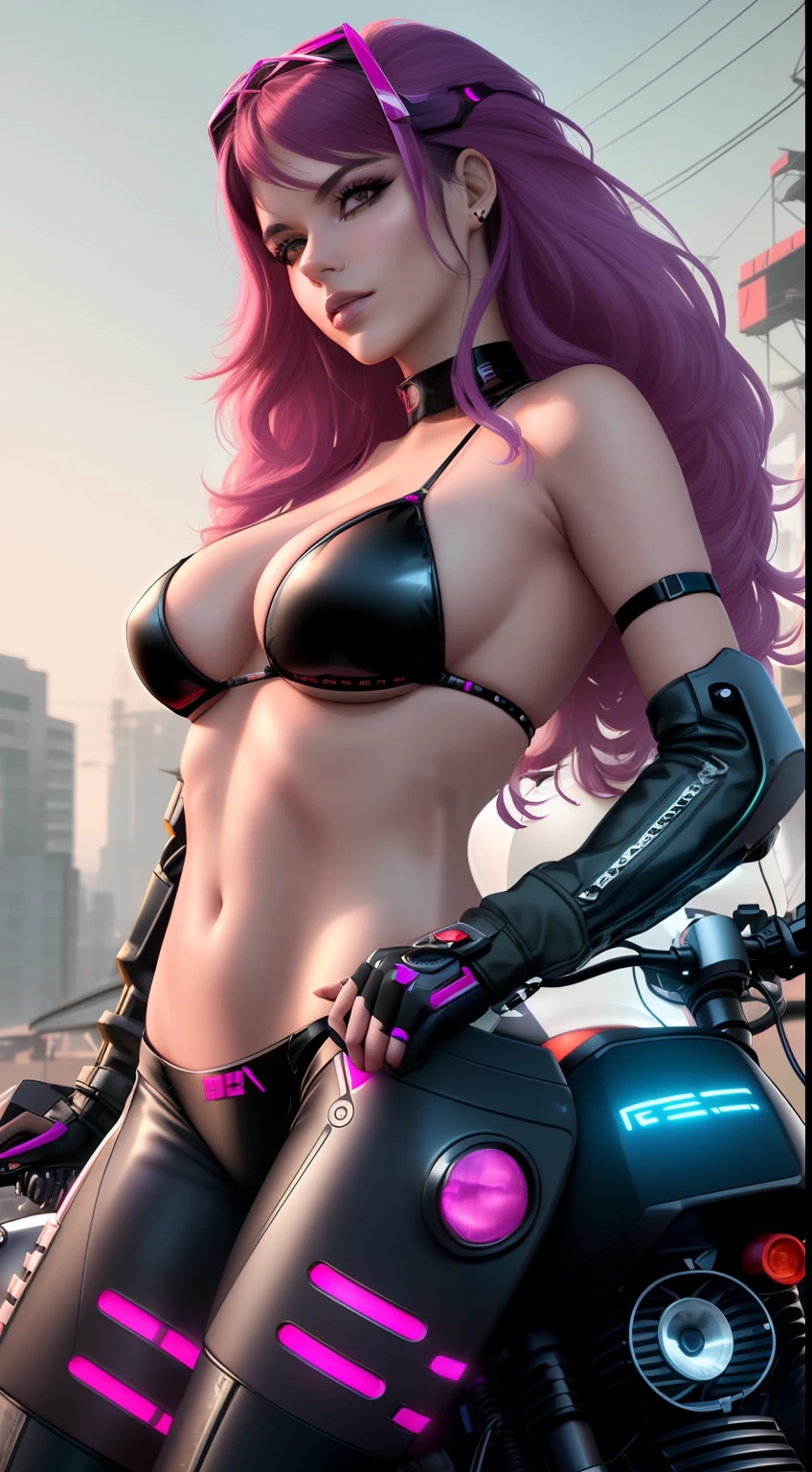 Sensualidade em destaque, Bold Cyber Bikini, cabelo rosa comprido reluzente, Cidade futurista brilhante, ambiente noturno misterioso, next to an impressive technological motorcycle, Cinematic Cyberpunk style.