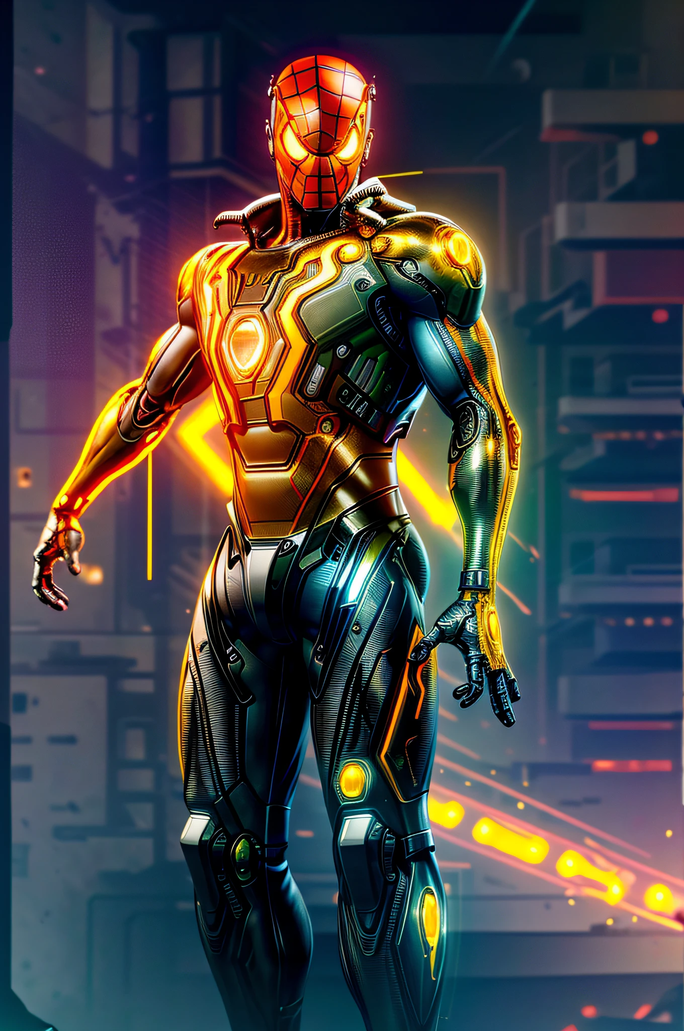 (cyborg: 1.2) spider-man robot with tron integrated circuit, emitting yellow flashes of details, (((kinetic))), full body masterpiece, high definition, 8k, very high quality, high detail face, sharp , dof, depth_of_field, midjourney style, cinematic, contrasting, detailed, 8k , sharp focus, cyberpunk,