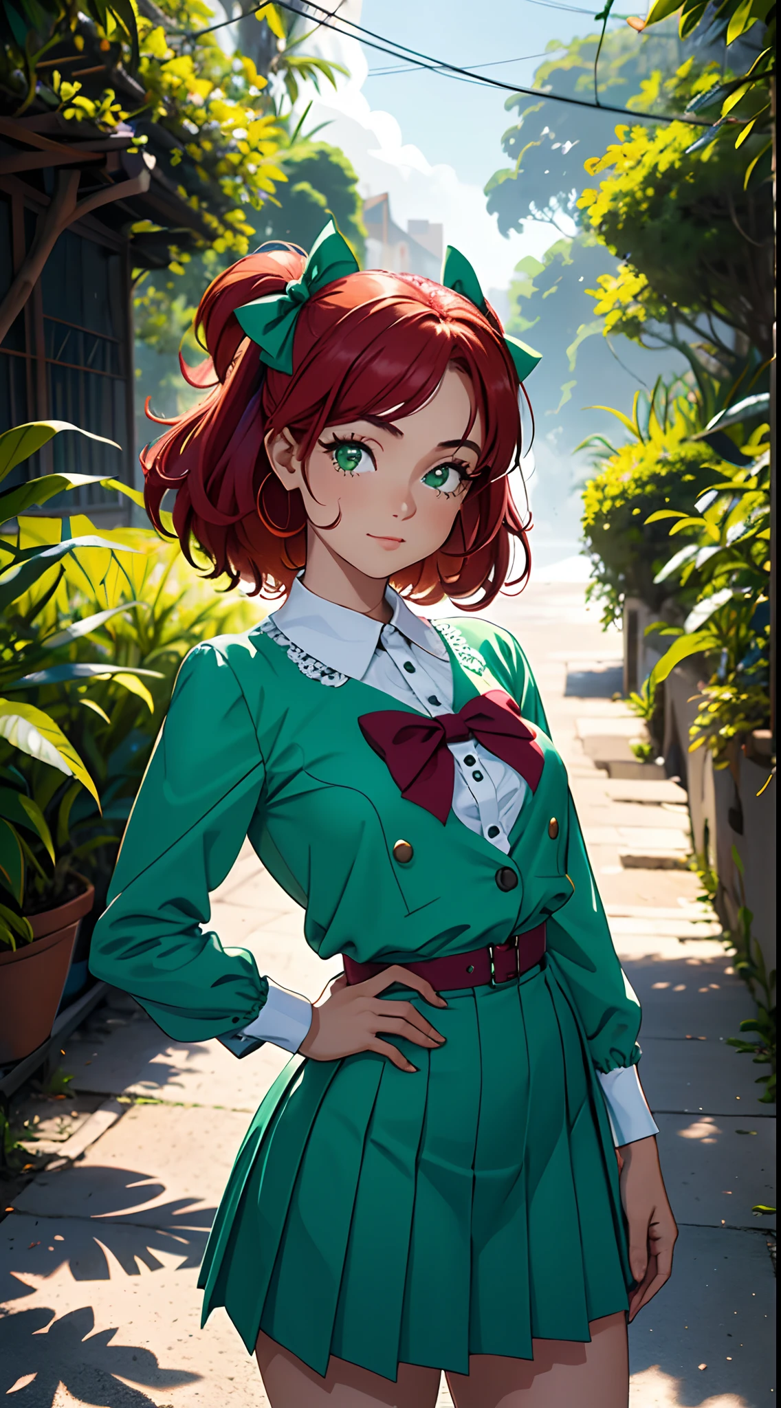uma jovem, sozinha, of bright red hair that contrasts wonderfully with the scenery. Seu cabelo cai em cachos suaves ao redor do rosto, and she wears a hair band with a fluffy bow in the same shade of green as her clothes. His eyes are an intense shade of green, transmitindo um ar de vivacidade e curiosidade. Ela veste um conjunto retro que remete a uma moda vintage encantadora. Sua jaqueta verde-musgo, adornada com detalhes dourados, adds an elegant touch to your appearance. The jacket is complemented by a pleated skirt also green, that gives a retro and jovial touch to your look. Uma blusa branca de gola alta completa o conjunto, destacando ainda mais seu cabelo ruivo. The young woman maintains a confident pose, with arms crossed behind his back, without showing your hands. This posture adds an air of mystery and authenticity to his presence. His expression is marked by a discreet smile, mostrando uma atitude positiva e encantadora. The scenario remains the same, with blue sky and soft clouds, criando um contraste interessante com suas roupas verdes. Os detalhes retro do seu traje combinam harmoniosamente com sua personalidade vibrante, and their presence further enriches the environment, transporting observers to a time of classical elegance and timeless charm.