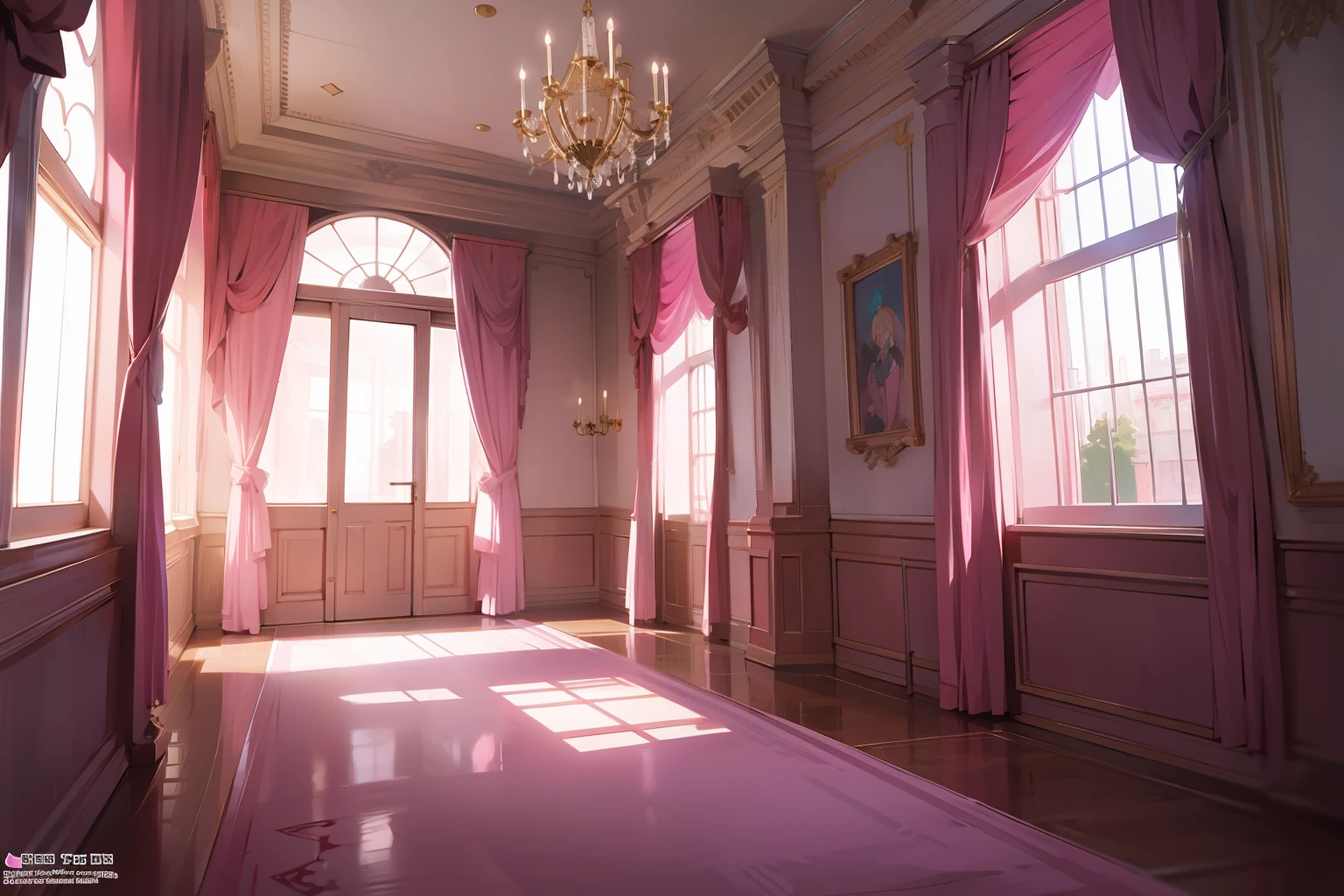 Inside a mansion, pink, anime style