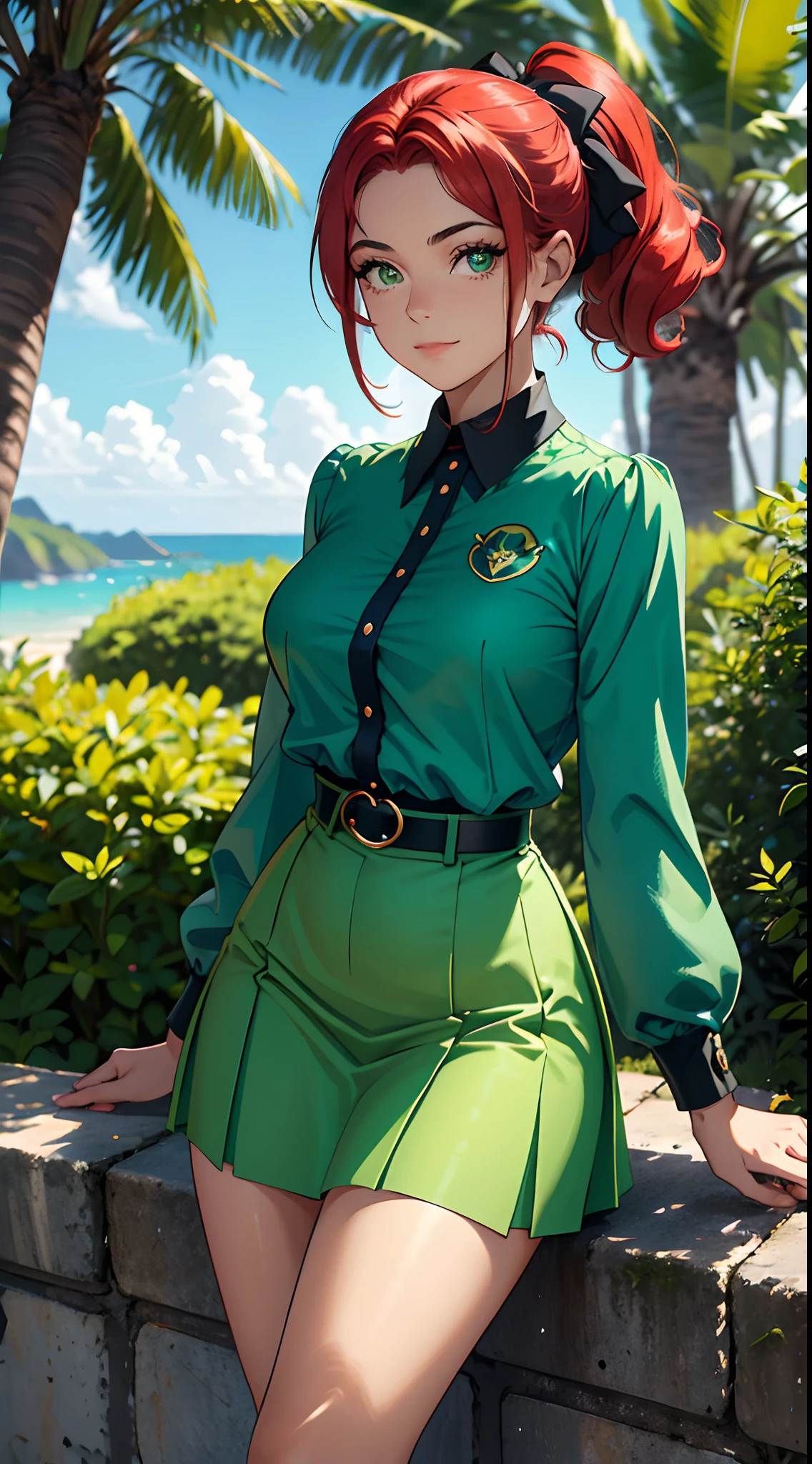 uma jovem, sozinha, of bright red hair that contrasts wonderfully with the scenery. Seu cabelo cai em cachos suaves ao redor do rosto, and she wears a hair band with a fluffy bow in the same shade of green as her clothes. His eyes are an intense shade of green, transmitindo um ar de vivacidade e curiosidade. Ela veste um conjunto retro que remete a uma moda vintage encantadora. Sua jaqueta verde-musgo, adornada com detalhes dourados, adds an elegant touch to your appearance. The jacket is complemented by a pleated skirt also green, that gives a retro and jovial touch to your look. Uma blusa branca de gola alta completa o conjunto, destacando ainda mais seu cabelo ruivo. The young woman maintains a confident pose, with arms crossed behind his back, without showing your hands. This posture adds an air of mystery and authenticity to his presence. His expression is marked by a discreet smile, mostrando uma atitude positiva e encantadora. The scenario remains the same, with blue sky and soft clouds, criando um contraste interessante com suas roupas verdes. Os detalhes retro do seu traje combinam harmoniosamente com sua personalidade vibrante, and their presence further enriches the environment, transporting observers to a time of classical elegance and timeless charm.