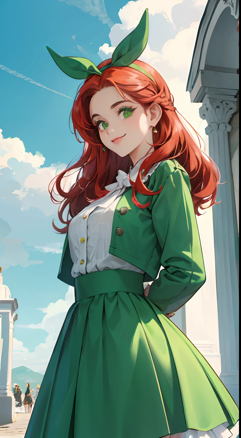uma jovem, sozinha, of bright red hair that contrasts wonderfully with the scenery. Seu cabelo cai em cachos suaves ao redor do rosto, and she wears a hair band with a fluffy bow in the same shade of green as her clothes. His eyes are an intense shade of green, transmitindo um ar de vivacidade e curiosidade.
Ela veste um conjunto retro que remete a uma moda vintage encantadora. Sua jaqueta verde-musgo, adornada com detalhes dourados, adds an elegant touch to your appearance. The jacket is complemented by a pleated skirt also green, that gives a retro and jovial touch to your look. Uma blusa branca de gola alta completa o conjunto, destacando ainda mais seu cabelo ruivo.
The young woman maintains a confident pose, with arms crossed behind his back, without showing your hands. This posture adds an air of mystery and authenticity to his presence. His expression is marked by a discreet smile, mostrando uma atitude positiva e encantadora.
The scenario remains the same, with blue sky and soft clouds, criando um contraste interessante com suas roupas verdes. Os detalhes retro do seu traje combinam harmoniosamente com sua personalidade vibrante, and their presence further enriches the environment, transporting observers to a time of classical elegance and timeless charm.