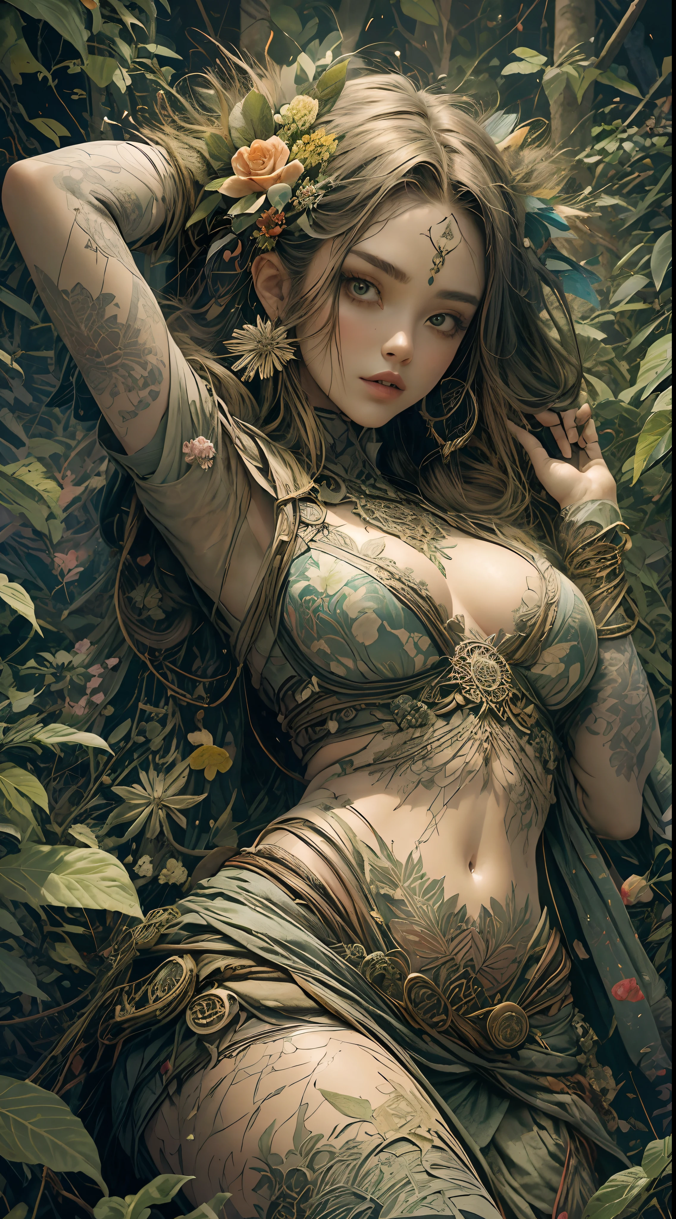 1sexy girl with forest clothes, flowers, leaves, mandalas, fractal