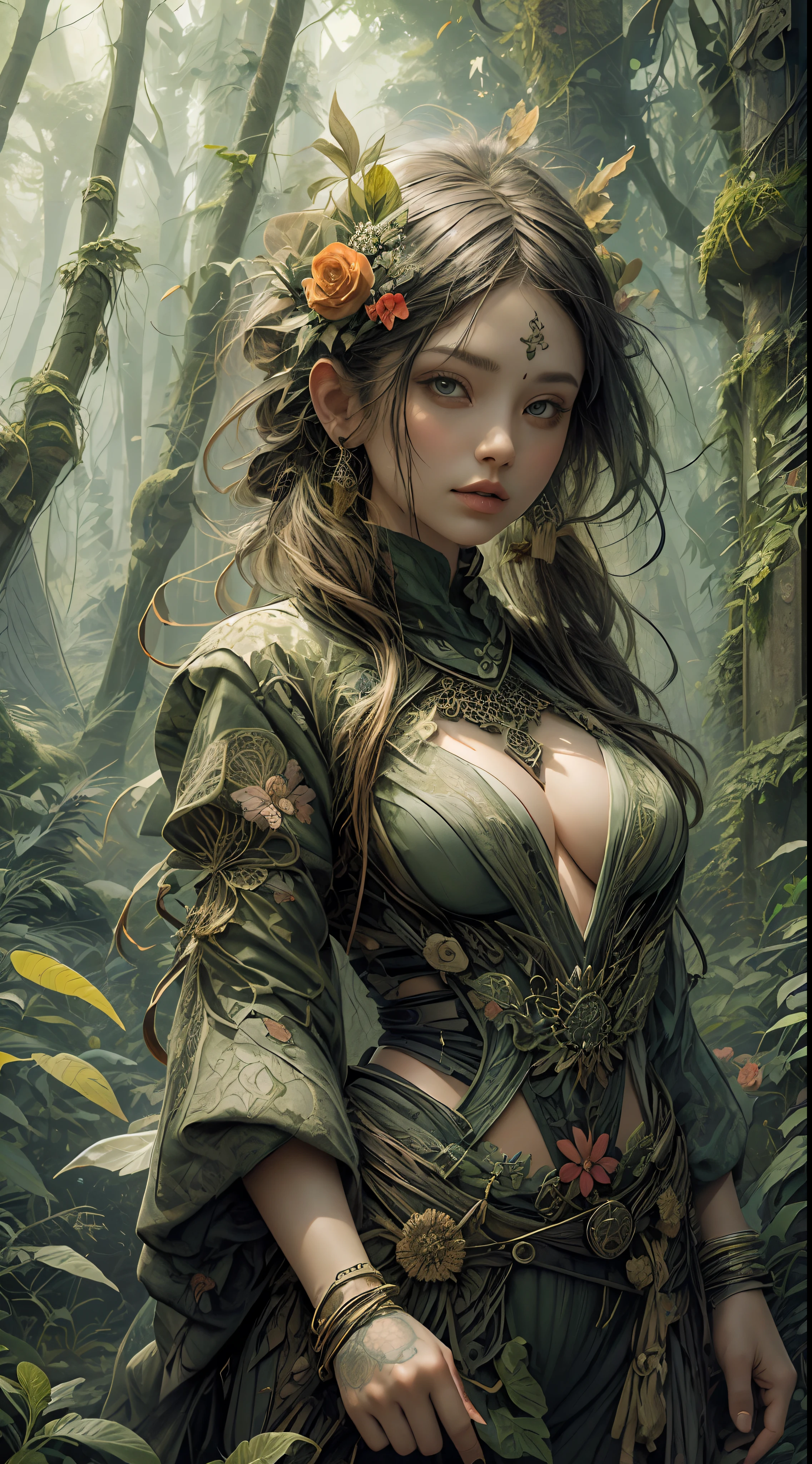 1sexy girl with forest clothes, flowers, leaves, mandalas, fractal