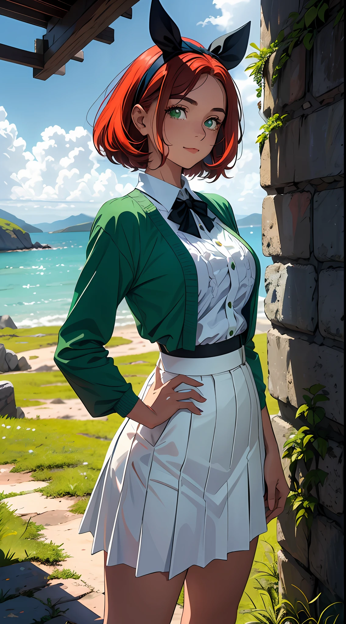 uma jovem, sozinha, of bright red hair that contrasts wonderfully with the scenery. Seu cabelo cai em cachos suaves ao redor do rosto, and she wears a hair band with a fluffy bow in the same shade of green as her clothes. His eyes are an intense shade of green, transmitindo um ar de vivacidade e curiosidade. Ela veste um conjunto retro que remete a uma moda vintage encantadora. Sua jaqueta verde-musgo, adornada com detalhes dourados, adds an elegant touch to your appearance. The jacket is complemented by a pleated skirt also green, that gives a retro and jovial touch to your look. Uma blusa branca de gola alta completa o conjunto, destacando ainda mais seu cabelo ruivo. The young woman maintains a confident pose, with arms crossed behind his back, without showing your hands. This posture adds an air of mystery and authenticity to his presence. His expression is marked by a discreet smile, mostrando uma atitude positiva e encantadora. The scenario remains the same, with blue sky and soft clouds, criando um contraste interessante com suas roupas verdes. Os detalhes retro do seu traje combinam harmoniosamente com sua personalidade vibrante, and their presence further enriches the environment, transporting observers to a time of classical elegance and timeless charm.