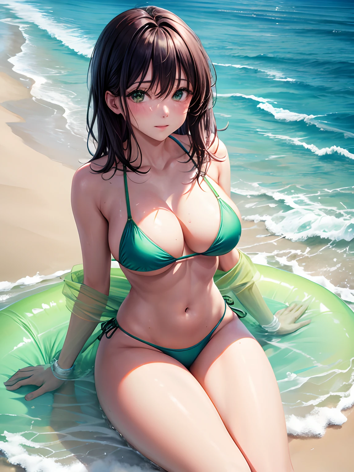 lighting like a movie、top-quality、Shy face、Medium chest、Sitting on the beach、Glowing green bikini、in 8K、(thighs thighs thighs thighs:1.5)、