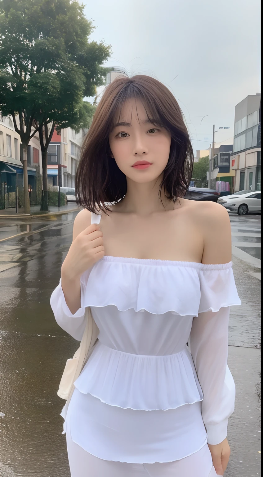 ((Top Quality, 8K, Masterpiece: 1.3)), Focus: 1.2, Perfect Body Beauty: 1.4, Ass: 1.2, ((Layered Haircut, Breasts: 1.2)), (Wet Clothes: 1.1), (Rain, Street: 1.3), Bando Dress: 1.1, Highly Detailed Face and Skin Texture, Narrow Eyes, Double Eyelids, Whitening Skin, Long Hair, (Shut Up: 1.3), Jump