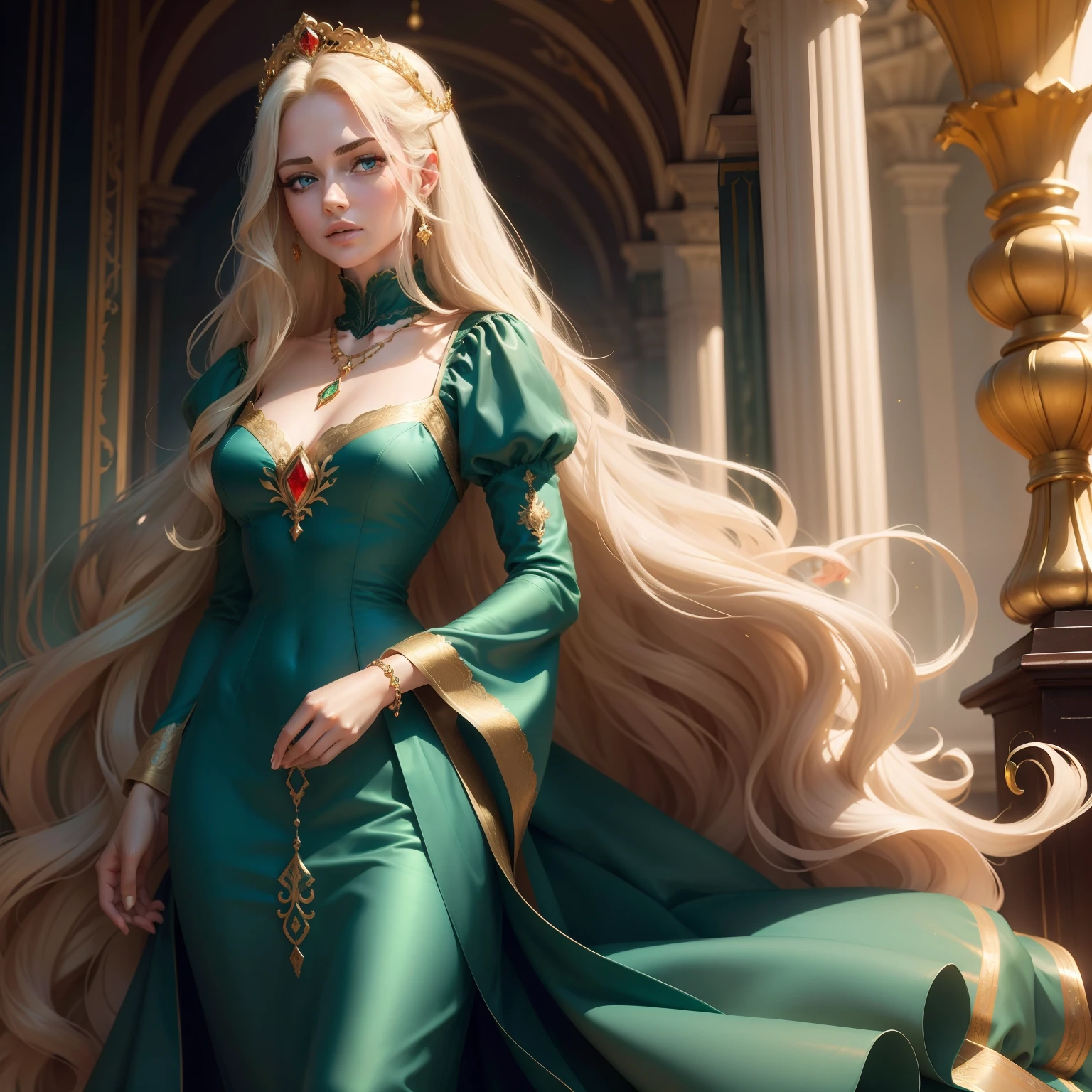 Very beautiful royal princess with long wavy blonde hair, she has blue eyes like a lake and wears a dark green silk dress with various jewels on it, she also wears a gold bracelet with red gems on her left wrist and wears a necklace golden. furthermore, under the green dress she wears a white silk nightgown.