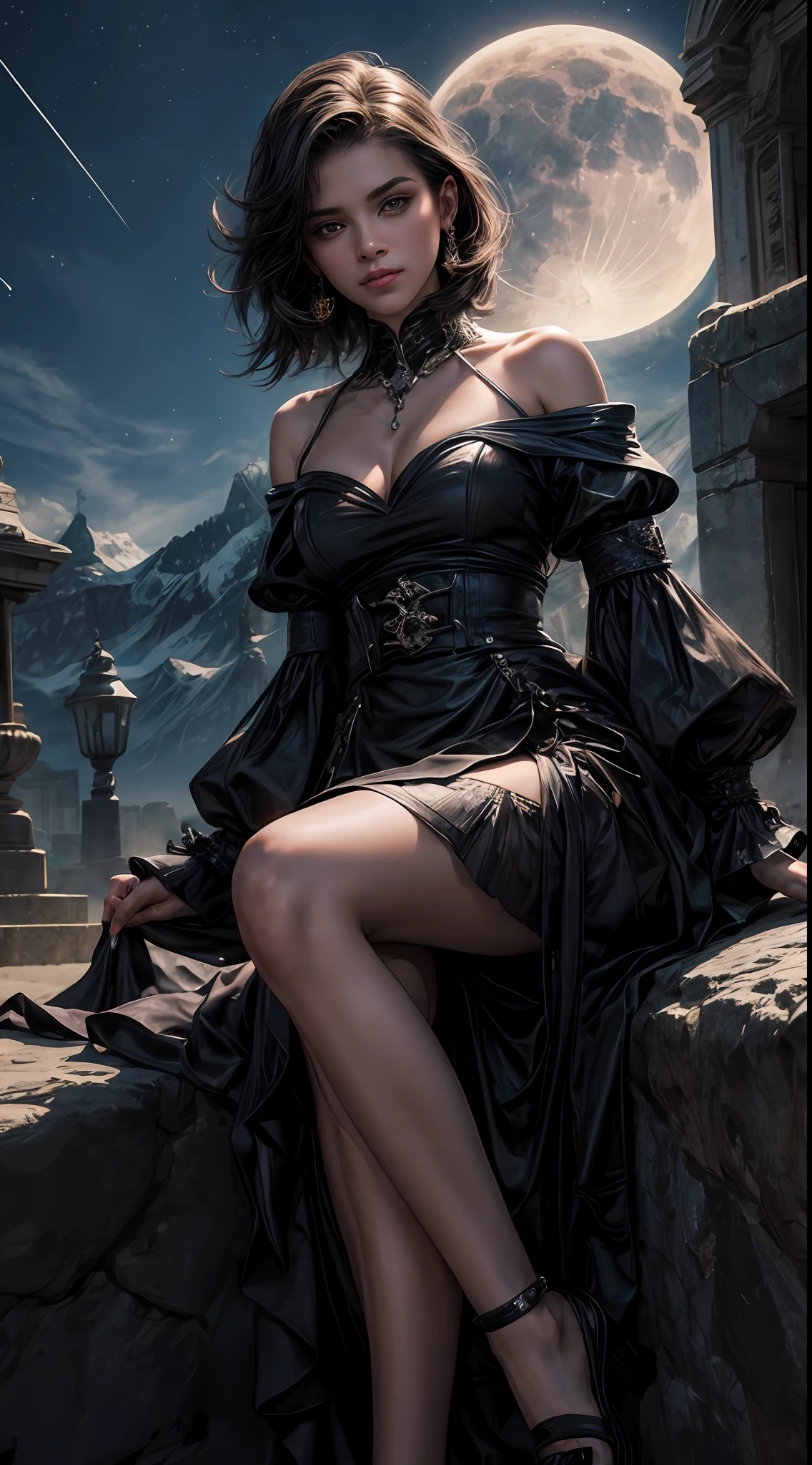 Bela, obra prima, extremamente detalhado, melhor qualidade, best ilumination, melhor sombra, rosto perfeito, cores diversas, segurando a lua, starly sky, vestido solto leve, vendaval, cabelo voando com o vento, sitting with her legs spread towards the viewer,