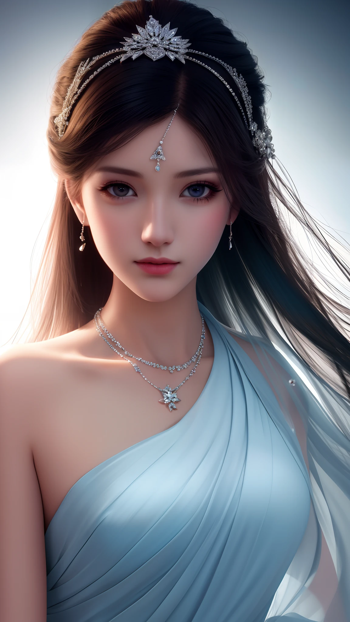 Best quality, masterpiece, high resolution, 1girl, porcelain dress, hair accessories, necklace, jewelry, beautiful face, on the body, Tyndall effect, realistic, dark studio, edge lighting, two-tone lighting, (high detail skin: 1.2), 8k UHD, dslr, soft light, high quality, volumetric light, candid, photo, high resolution, 4k, 8k, background blur,