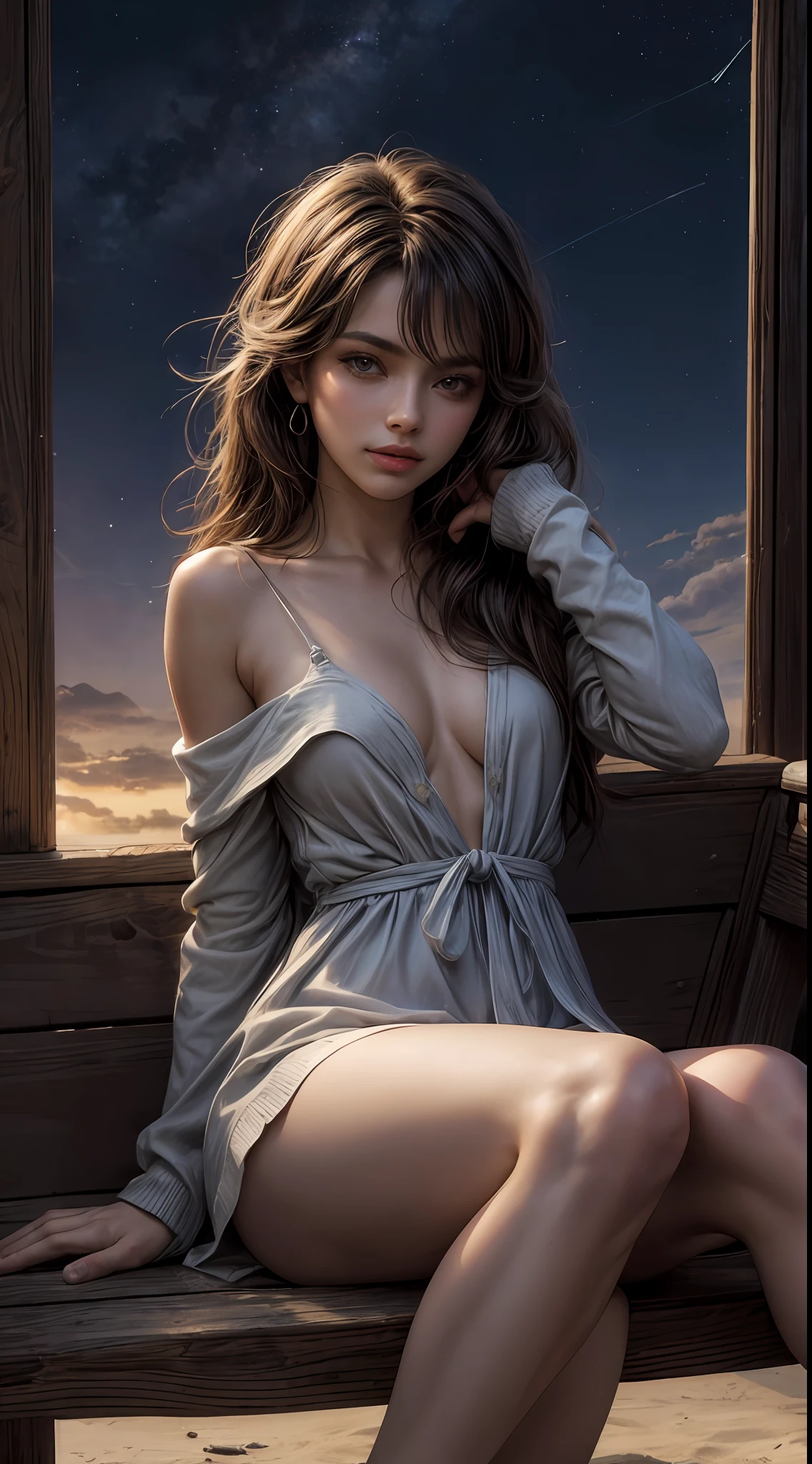 Bela, obra prima, extremamente detalhado, melhor qualidade, best ilumination, melhor sombra, rosto perfeito, cores diversas, segurando a lua, starly sky, vestido solto leve, vendaval, cabelo voando com o vento, sitting with her legs spread towards the viewer,