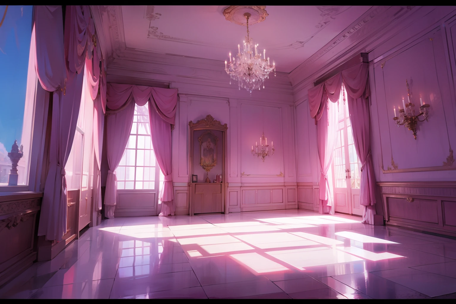 Inside a mansion, pink, anime style