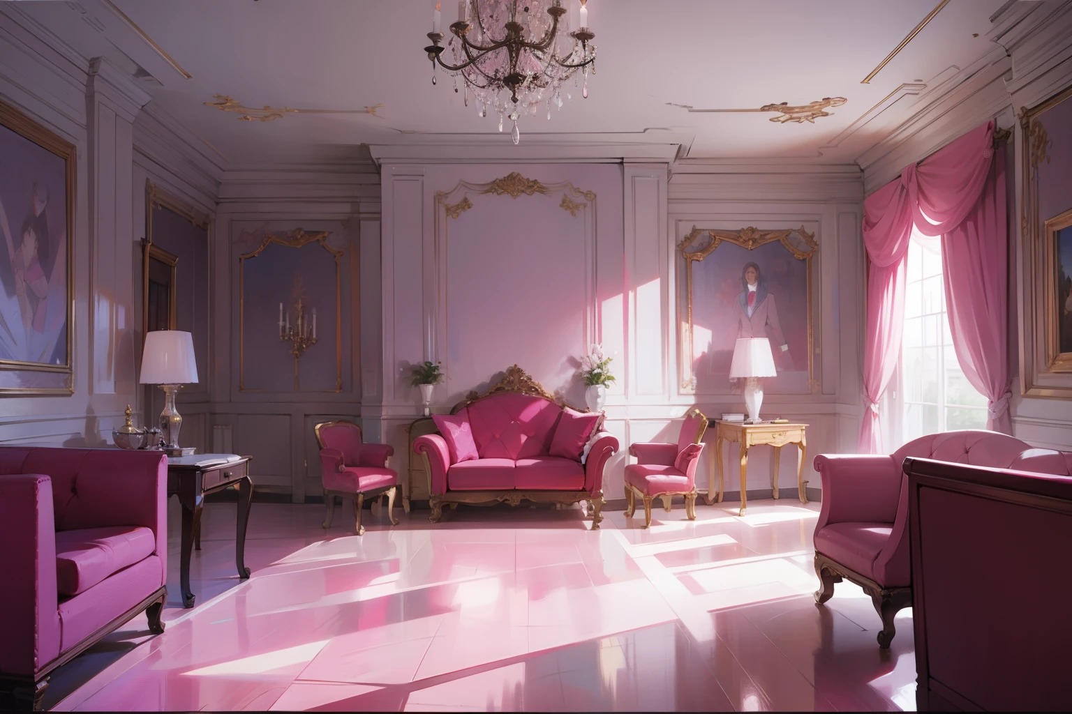 Inside a mansion, pink, anime style