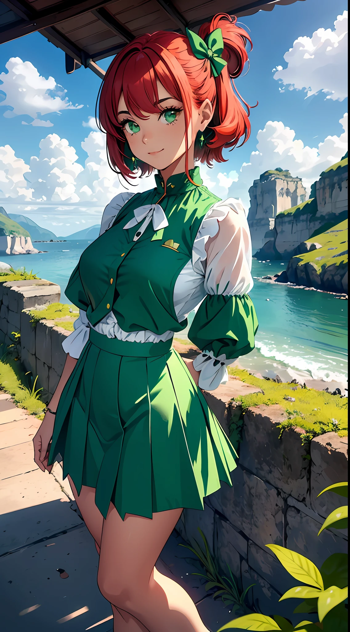 uma jovem, sozinha, of bright red hair that contrasts wonderfully with the scenery. Seu cabelo cai em cachos suaves ao redor do rosto, and she wears a hair band with a fluffy bow in the same shade of green as her clothes. His eyes are an intense shade of green, transmitindo um ar de vivacidade e curiosidade. Ela veste um conjunto retro que remete a uma moda vintage encantadora. Sua jaqueta verde-musgo, adornada com detalhes dourados, adds an elegant touch to your appearance. The jacket is complemented by a pleated skirt also green, that gives a retro and jovial touch to your look. Uma blusa branca de gola alta completa o conjunto, destacando ainda mais seu cabelo ruivo. The young woman maintains a confident pose, with arms crossed behind his back, without showing your hands. This posture adds an air of mystery and authenticity to his presence. His expression is marked by a discreet smile, mostrando uma atitude positiva e encantadora. The scenario remains the same, with blue sky and soft clouds, criando um contraste interessante com suas roupas verdes. Os detalhes retro do seu traje combinam harmoniosamente com sua personalidade vibrante, and their presence further enriches the environment, transporting observers to a time of classical elegance and timeless charm.